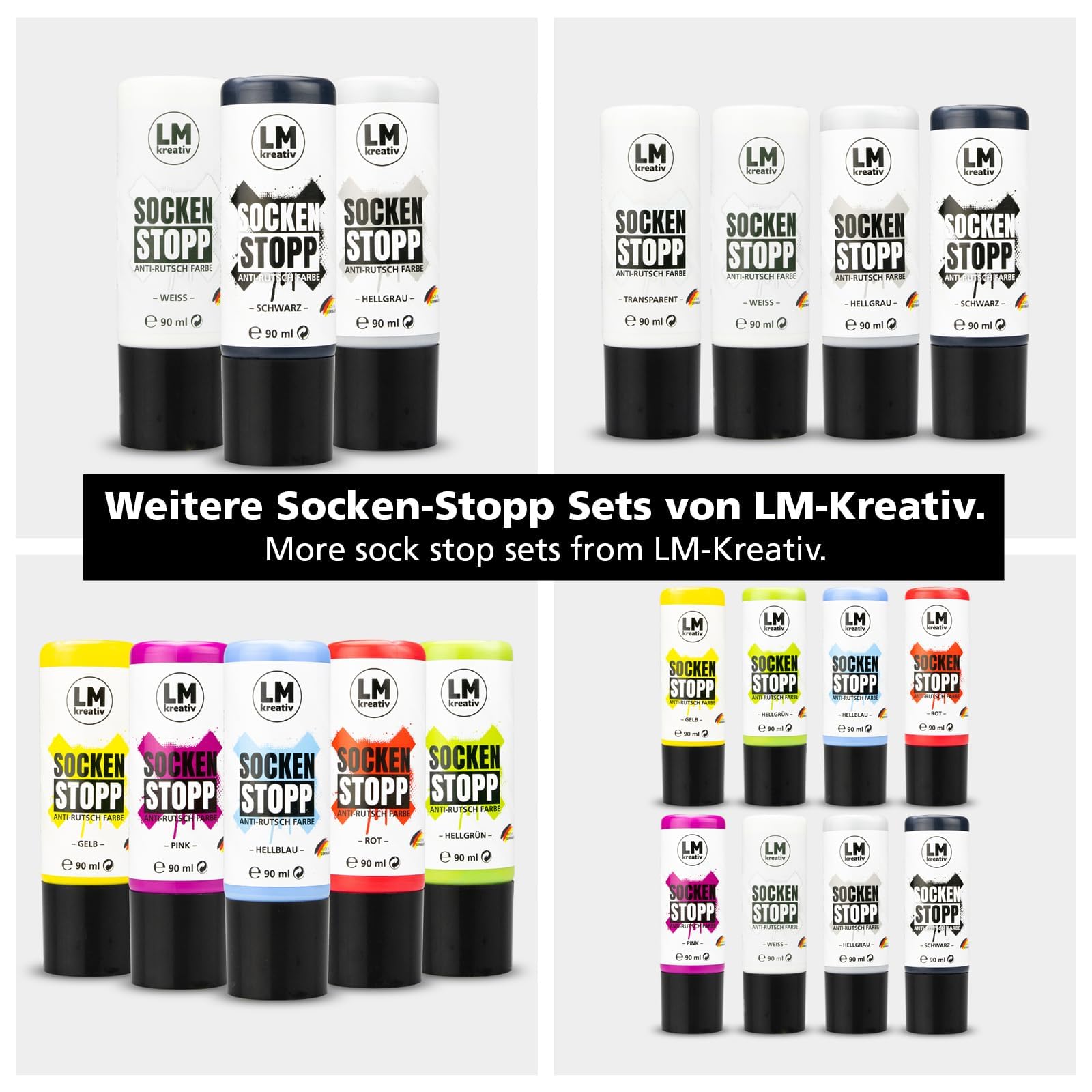 LM-Kreativ Socken Stopp Anti Rutsch Set (8 tlg.) - ABS Antirutsch, Sock Stop Creme, flüssige Sockensohle, Rutsch-Stop