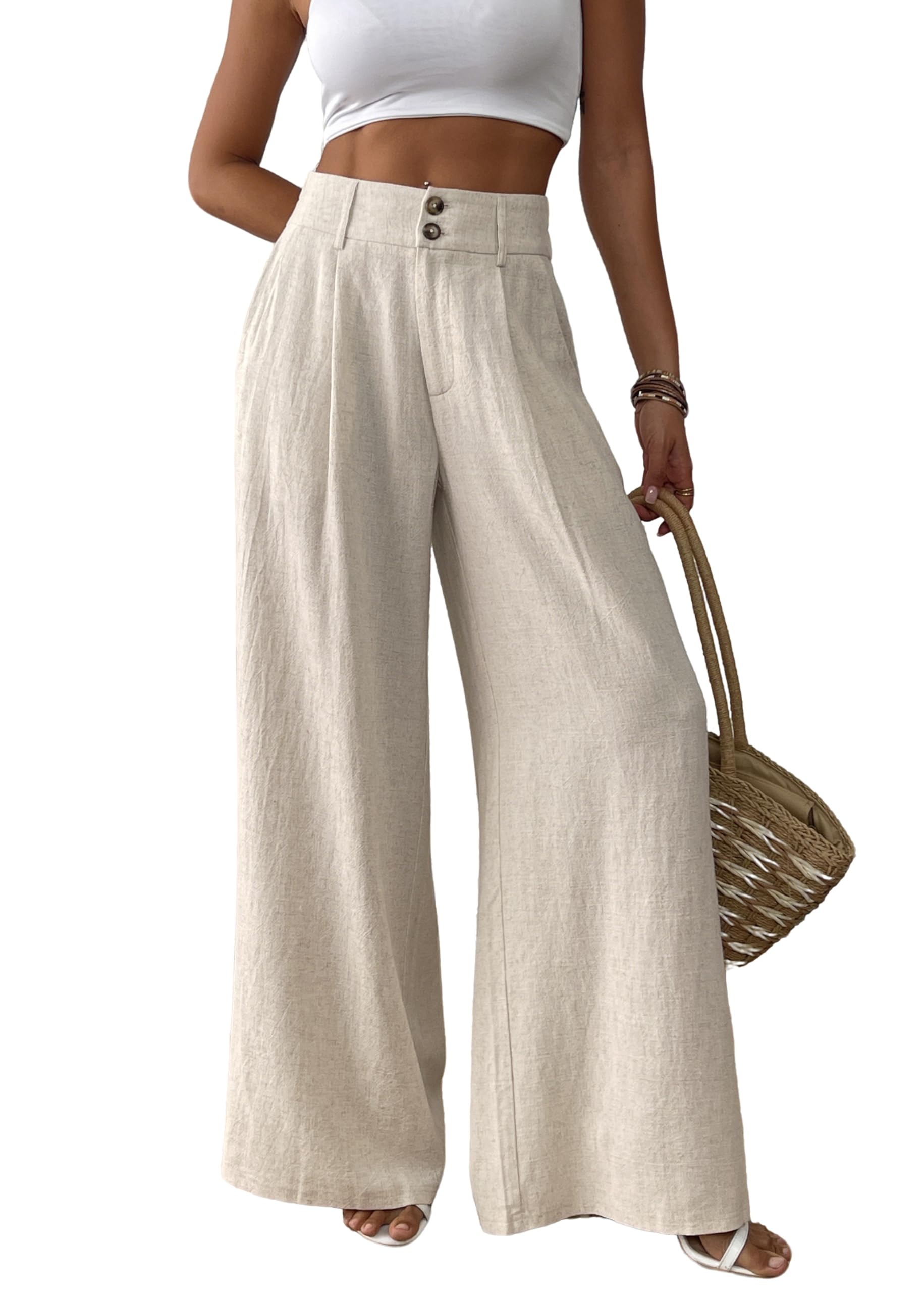 heipeiwa Womens Linen Pants Summer Wide Leg Palazzo Pants Business Casual Loose Dress Vacation Beach Trouser