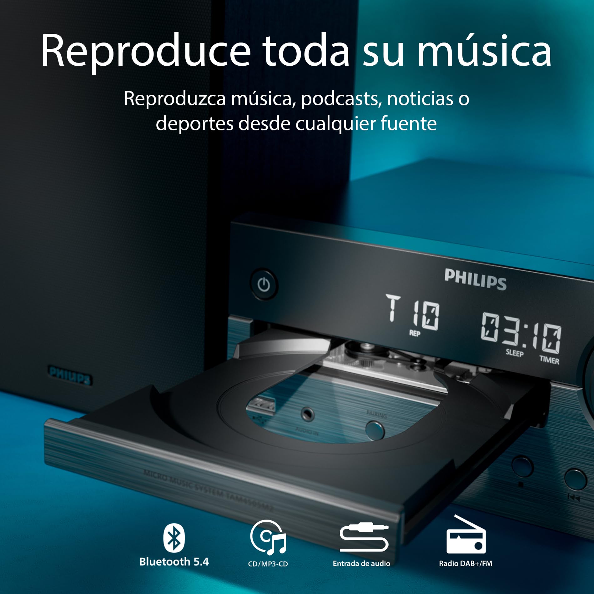 Philips TAM4555M2 Sistema Micro Hi-Fi –100W, Altavoces con Bass Reflex, DAB+/ FM, CD, USB, Entrada Audio, Bluetooth 5.4, Auracast, Control Remoto, Preconfiguraciones Sonido Digital, Embalaje Ecológico