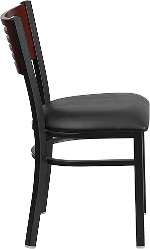 Miniatura 5 de Flash Furniture HERCULES Series Silla de restaurante de metal con respaldo de listones negros, respaldo de madera de caoba, asiento de vinilo negro