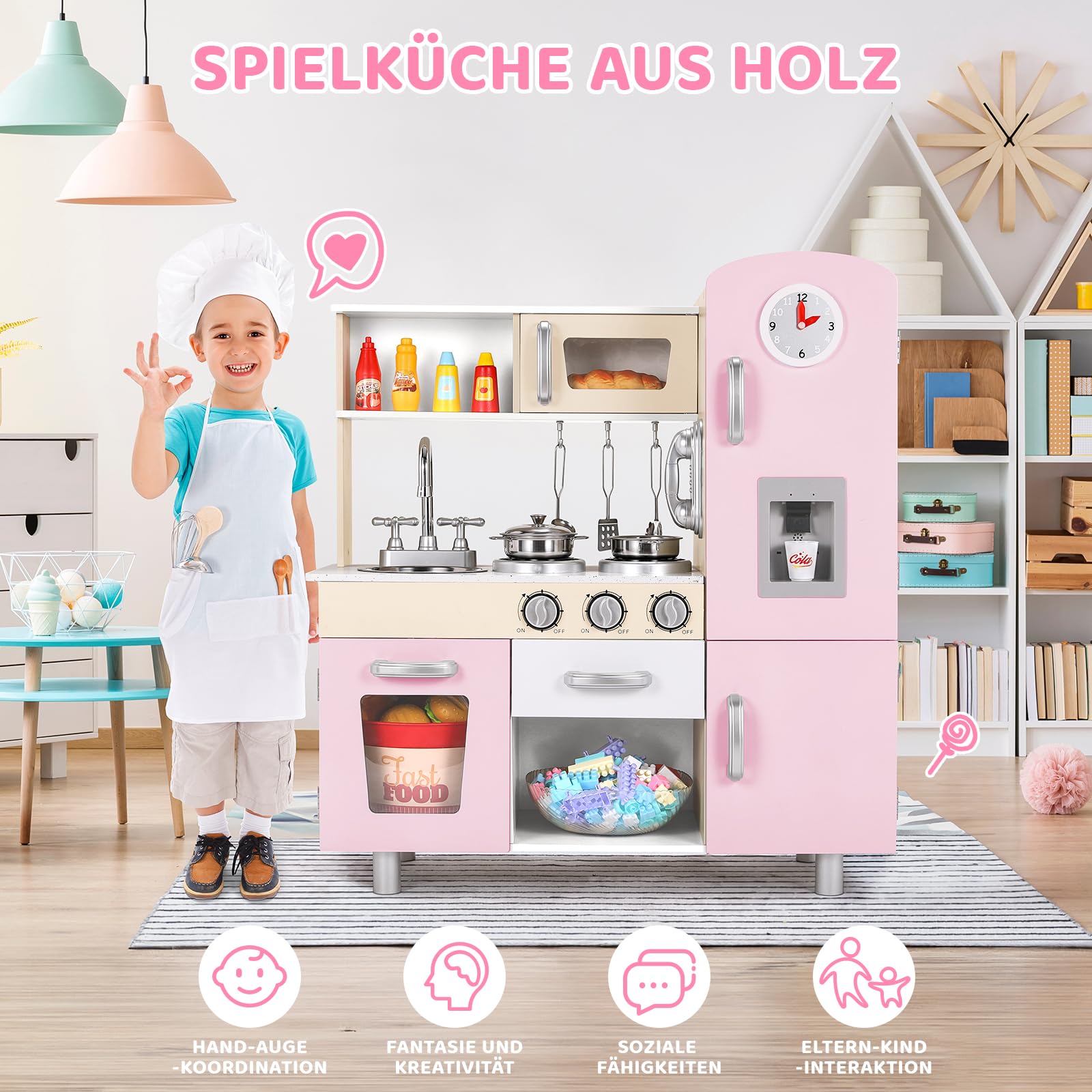 MAMIZOCucina Giocattolo per Bambini, Cucina Legno con Effetti Simulati di Luce e Suono, Dotata di Accessori da Cucina, Cucina per Bambini in Legno 81x74x30 cm, Rosa