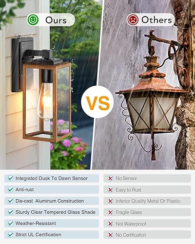 Miniatura 6 de VIANIS Luces de pared del atardecer al amanecer, lámpara exterior de grano de madera, luz de garaje de vidrio transparente, aplique de luces