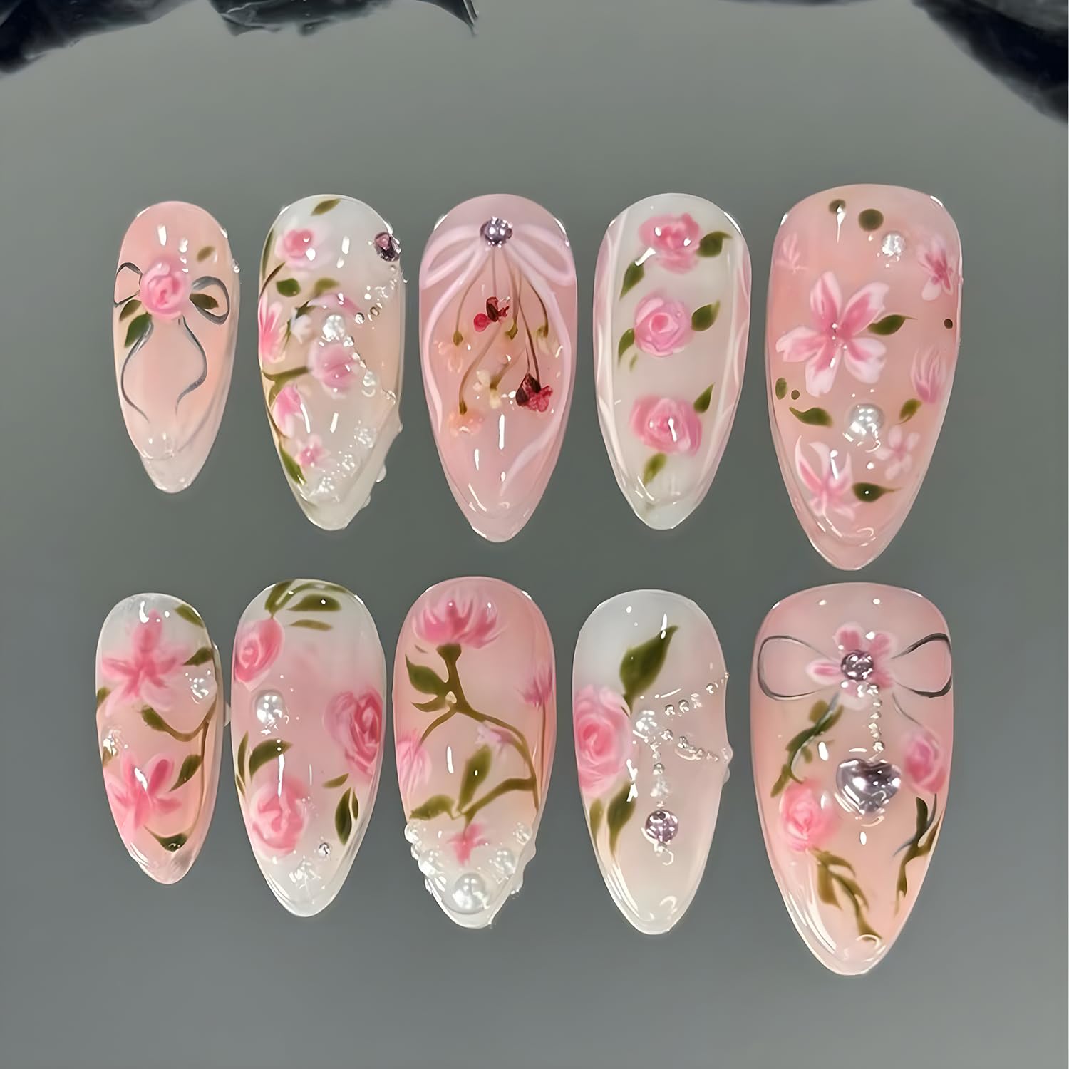 24Pcs Pink Flower Press on Nails Medium Almond Fake Nails with Peach Blossom Rhinestones Pearl Design Handmade False Nails 3D Floral Gems Bow Glue on
