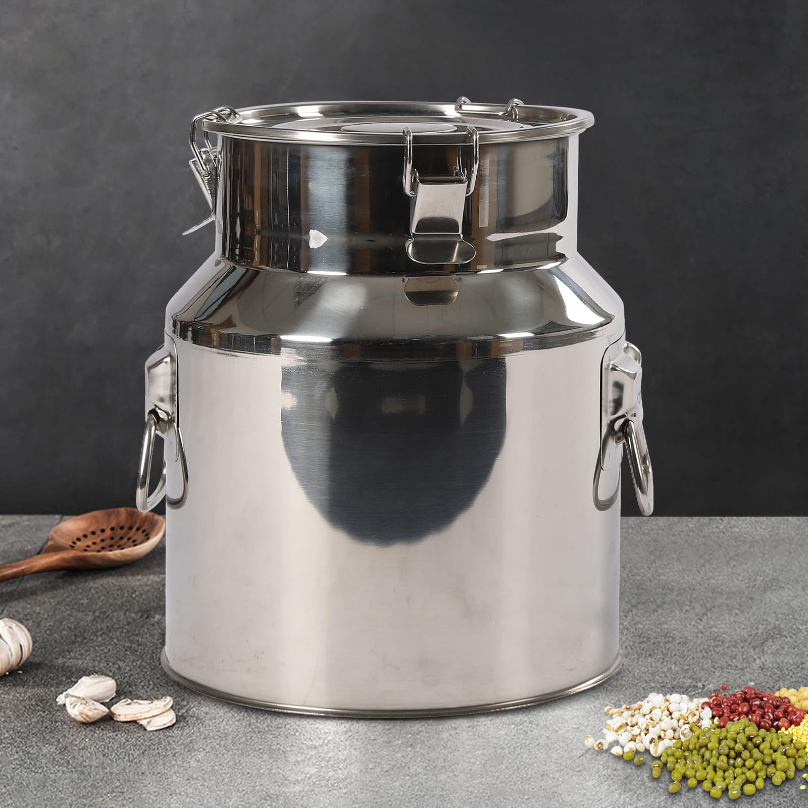 Contenitore ermetico per alimenti in acciaio inox 201 con coperchio e mestolo, tanica multifunzionale con guarnizione in silicone, per la conservazione di latte, vino, formaggio e farina (14L)