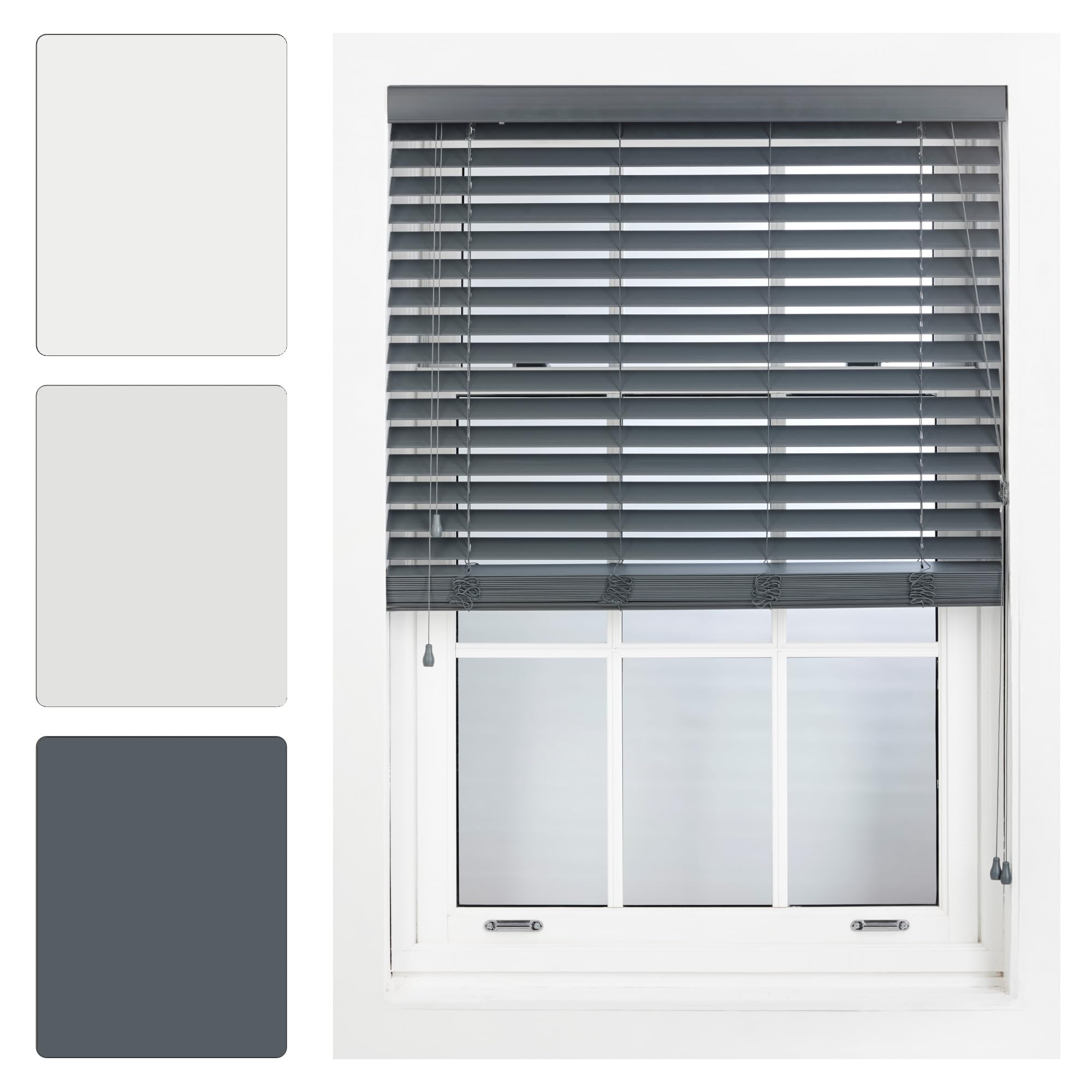 Furnished Dark Grey Faux Wood Venetian Blinds 50Mm Easy Fit Trimmable Child Safe Home Office Window Blinds, 180Cm X 210Cm