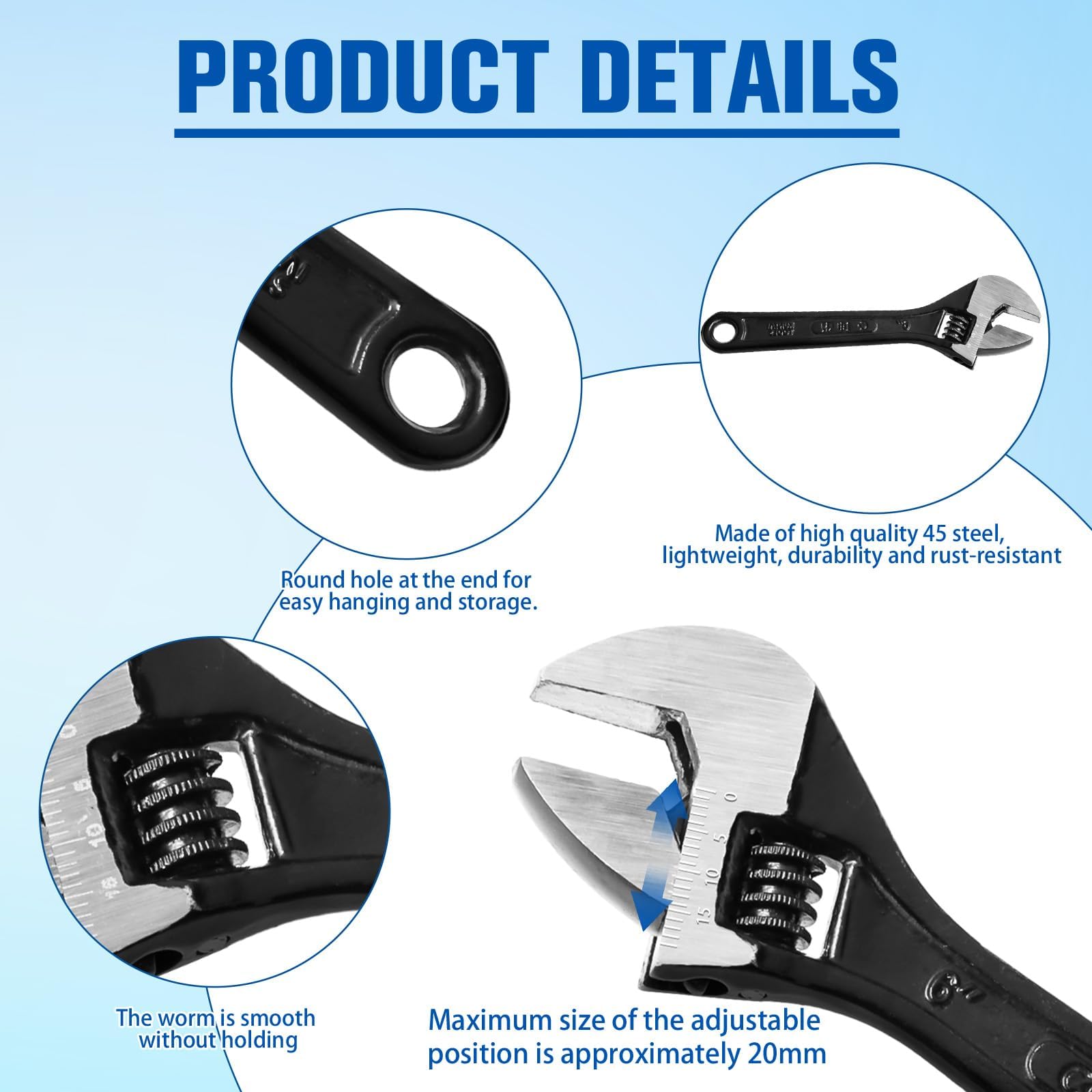 QTMMC 6 inch Adjustable Spanner 20mm Wide Jaw Opening Small Adjustable Wrench 150mm Portable Steel Hand Wrenches Tools Multifunction for Industry Mechanical Auto Repair (Black) - Image 3