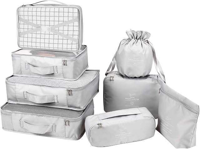 BETLLEMORY Packing Cubes 8 Sets Travel Luggage Organizers with Waterproof Shoe Storage Bag Compression Pouches(Grey)