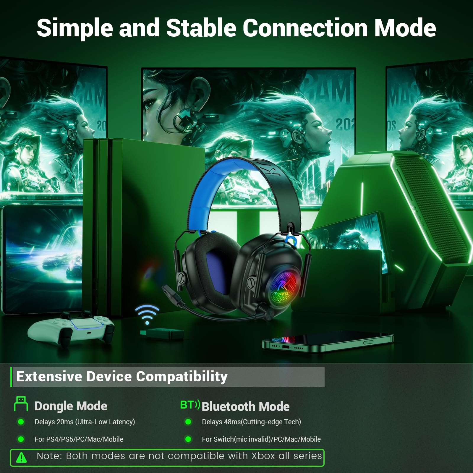Krysenix KGH2 Bezprzewodowy zestaw słuchawkowy gamingowy, słuchawki Bluetooth 2.4G do PC, PS4, PS5, Mac, Switch, zestaw słuchawkowy z mikrofonem z redukcją szumów, składany, Czarny niebieski