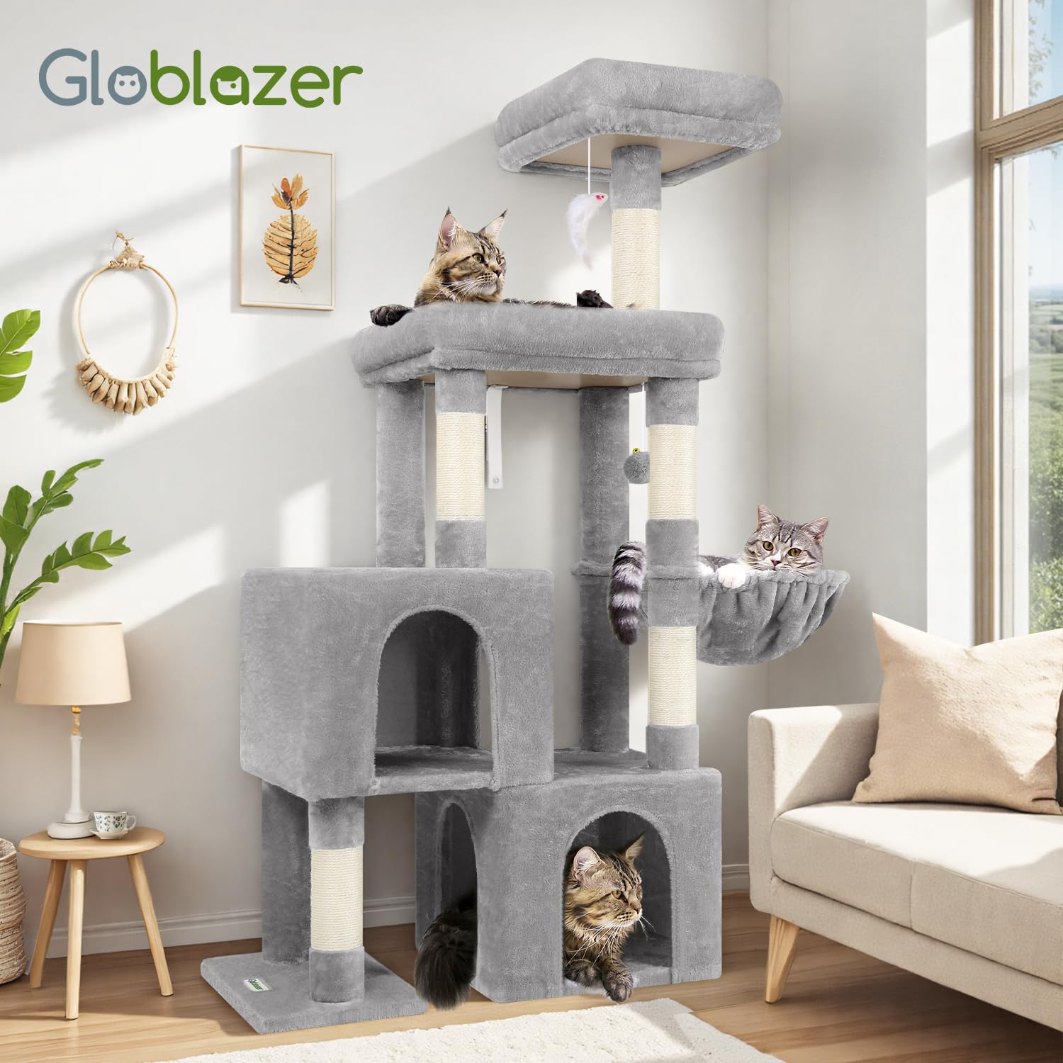 Globlazer S52 drapak mały XL stabilny 134 cm dla dużych/seniorów kotów | Drzewko dla kota z 2 domkami dla kotów, duża platforma, grzędy, kosz dla kotów, seniorów, odpoczynek, zabawa, drapanie