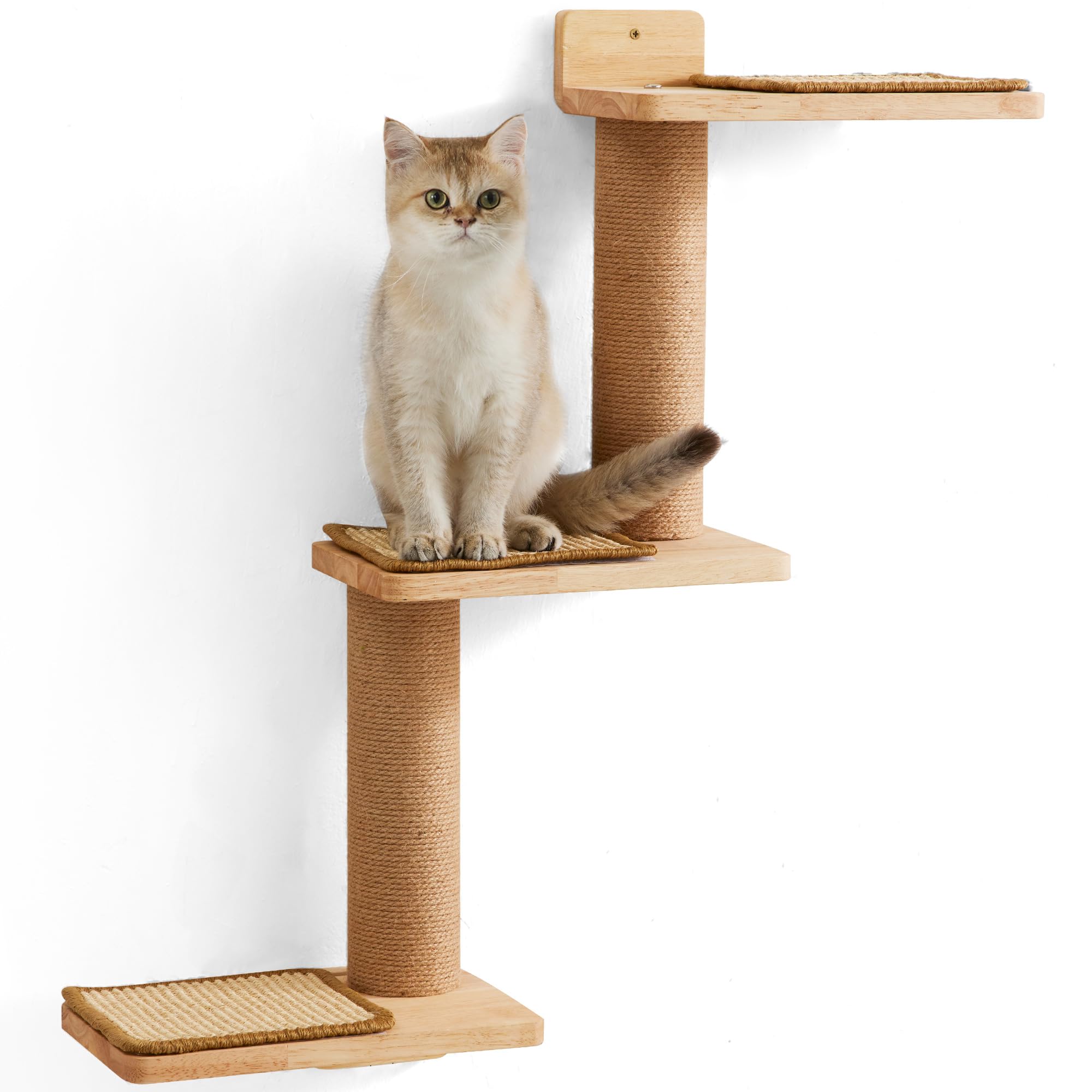 FUKUMARU Estantes de Pared para Gatos en Madera de Goma y Yute, 3 en 1 transformable con 3 tapetes para Rascar de Sisal, Montado en Pared, Adecuado para Escalar, Jugar y arañar