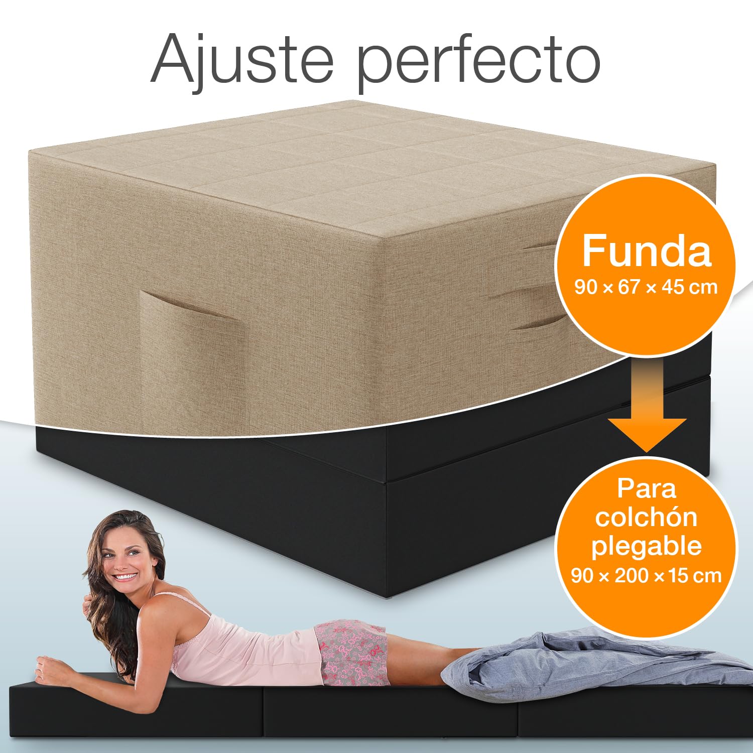 ELONEO Funda para Colchón Plegable - 90x200x15 cm, Funda Protectora con Bolsillos Laterales para Cama Plegable, Asiento y Pouf, Lavable, Diseño Moderno Crema