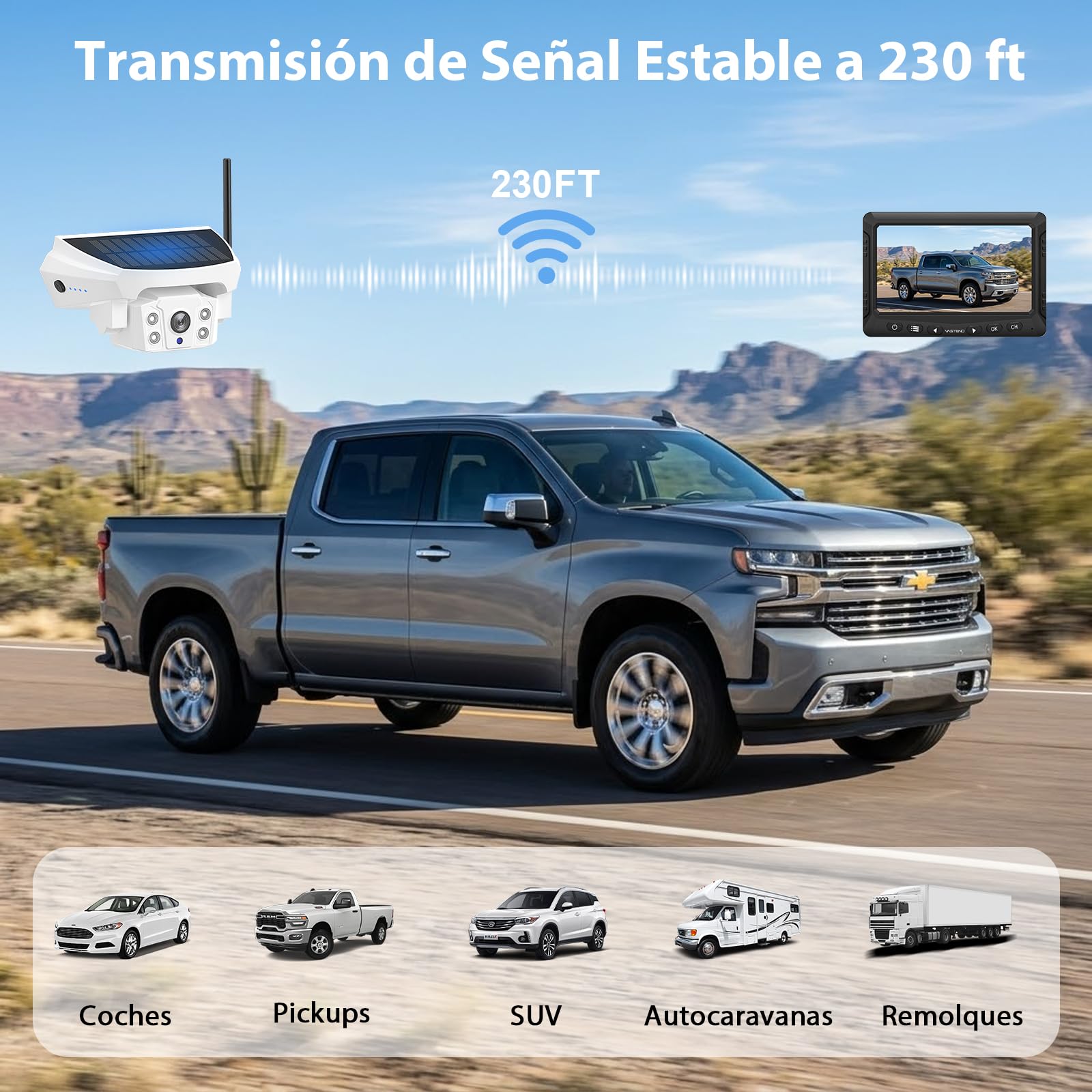 Cámara de Marcha Atrás Inalámbrica Solar con Monitor 7", Sistema de Visión Trasera Digital HD 1080P, Batería 10000mAh & Soporte Magnético, Impermeable IP69K para Autocaravana, Camión, Remolque