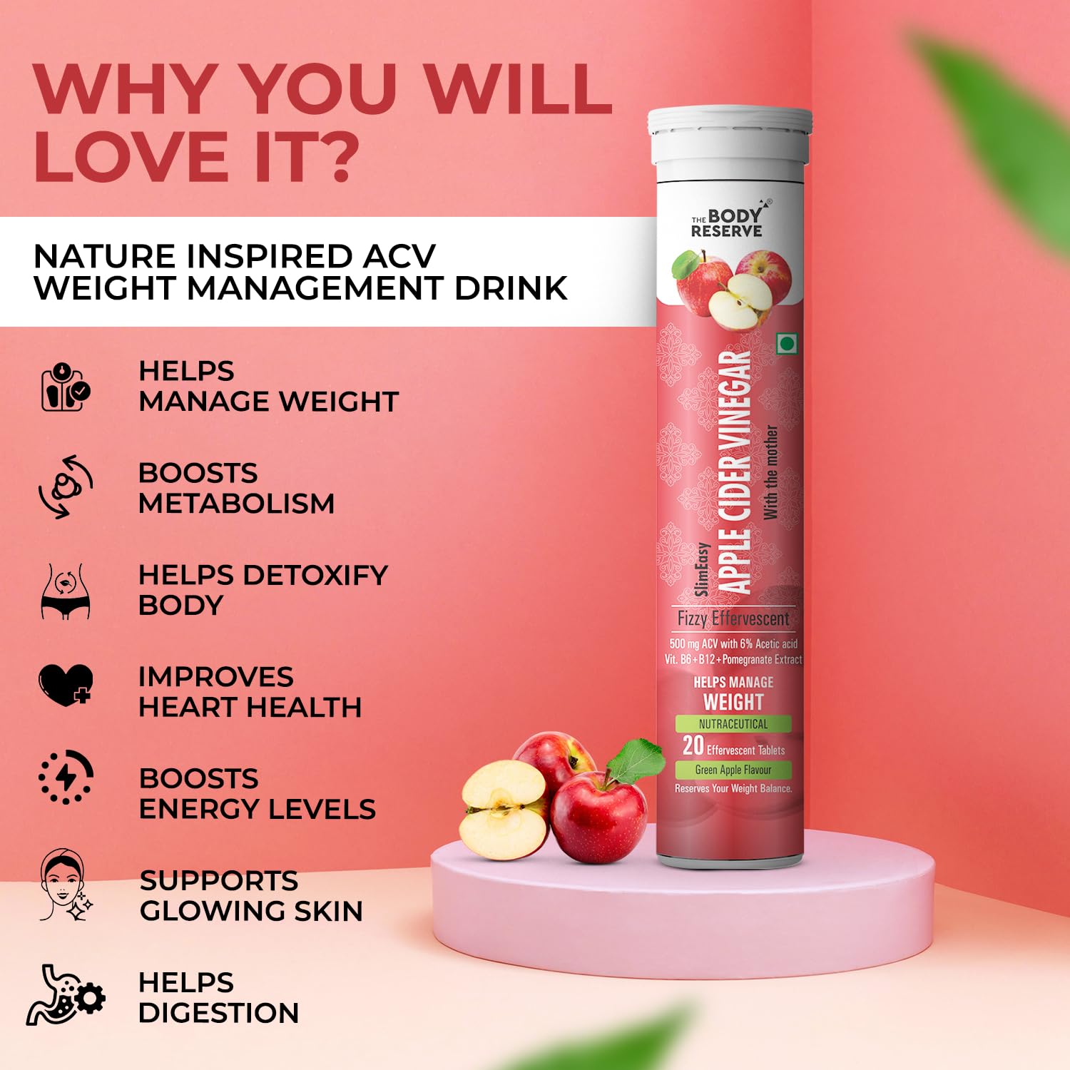 The Body Reserve Apple Cider Vinegar 60 Effervescent Tablets, Acv With The Mother for Weight Loss And Management With Vitamin B6 & B12, Pack Of 3 (Apple Flavour) 3