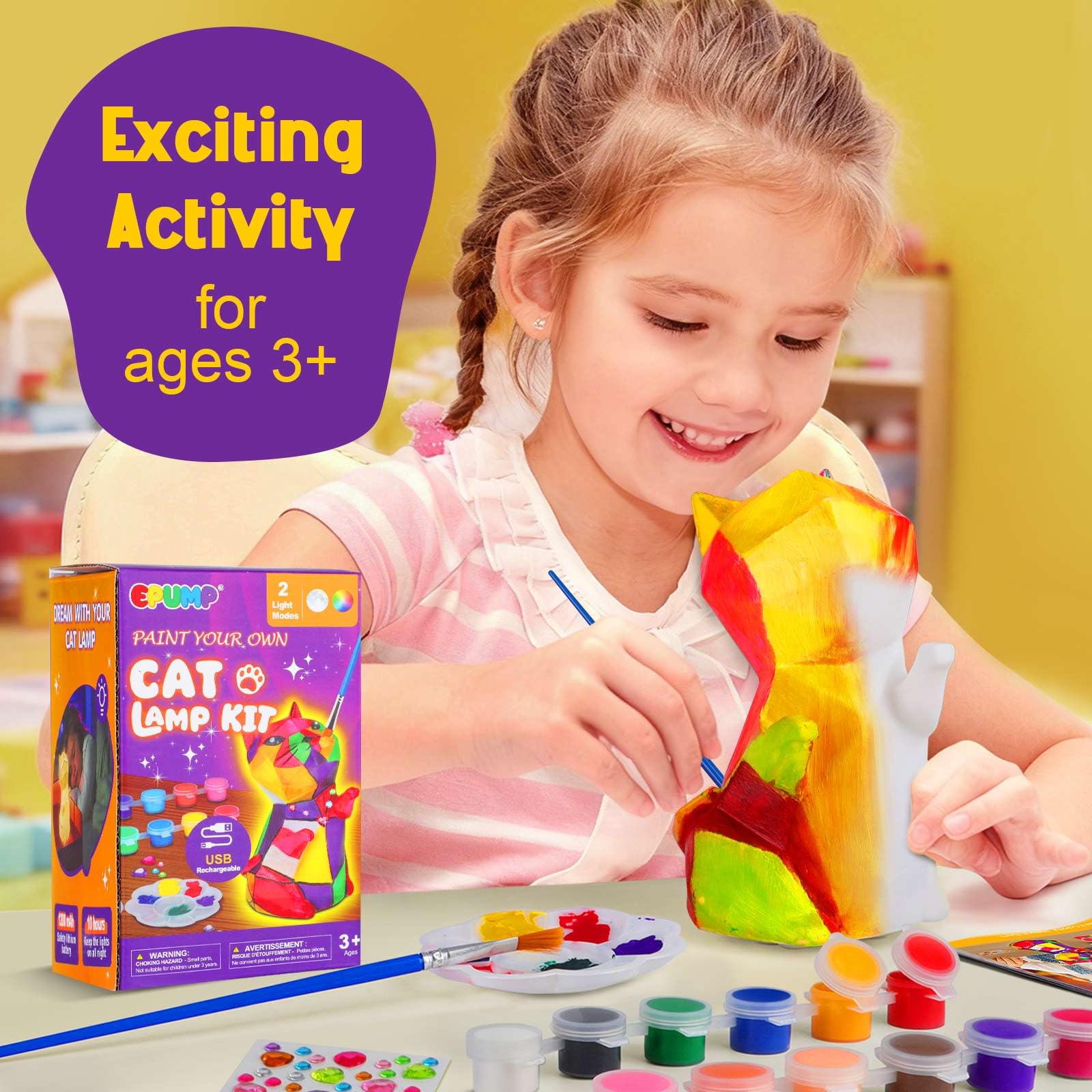 EPUMP Luce Notturna a Forma di Gatto Ricaricabile (1200 mAh) con 2 Modalità di Luce – Kit Creativo DIY da Dipingere, Gioco da Pittura e Regalo per Bambini da 5 a 12 Anni