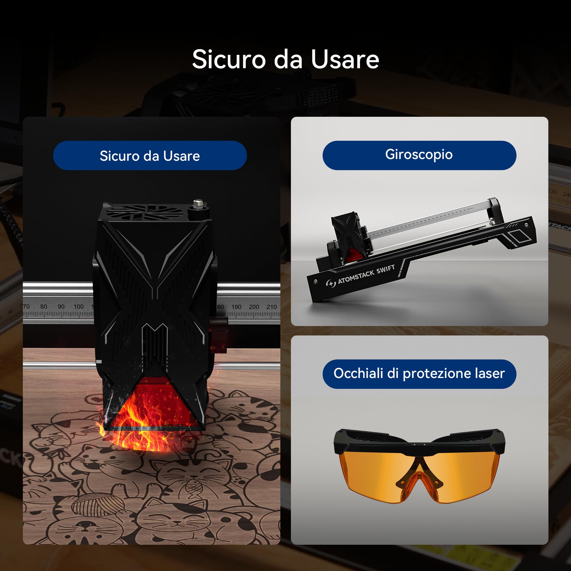 ATOMSTACK Macchina per incisione laser, taglierina laser, taglierina laser ad alta precisione 0,01 mm superficie di incisione 300 × 300 mm (Swift-7W Nero)