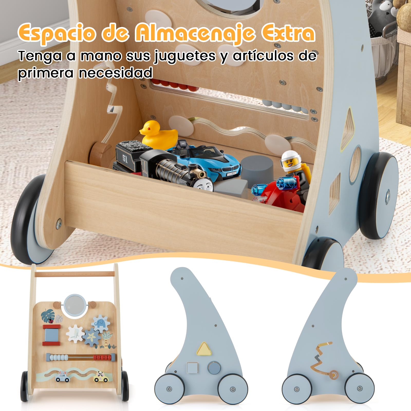 COSTWAY Andador Bebés de Madera, Andador de Aprendizaje para Empujar de Actividades Múltiples, Juguetes de Actividad con Almacenamiento, Juguete para Caminar para Niños