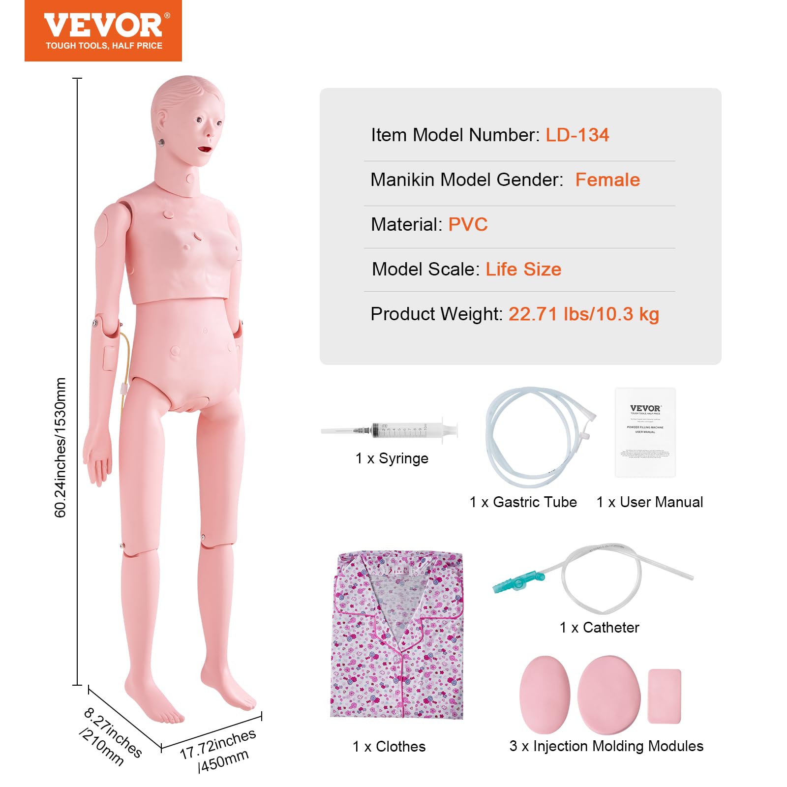 VEVOR Maniquí de Enfermería Femenino Maniquí de Cuidado del Paciente Alto de 153 cm PVC Maniquí de Entrenamiento de Enfermera Simulación Realista para Enseñanza Formación Médica de Hospital Instituto