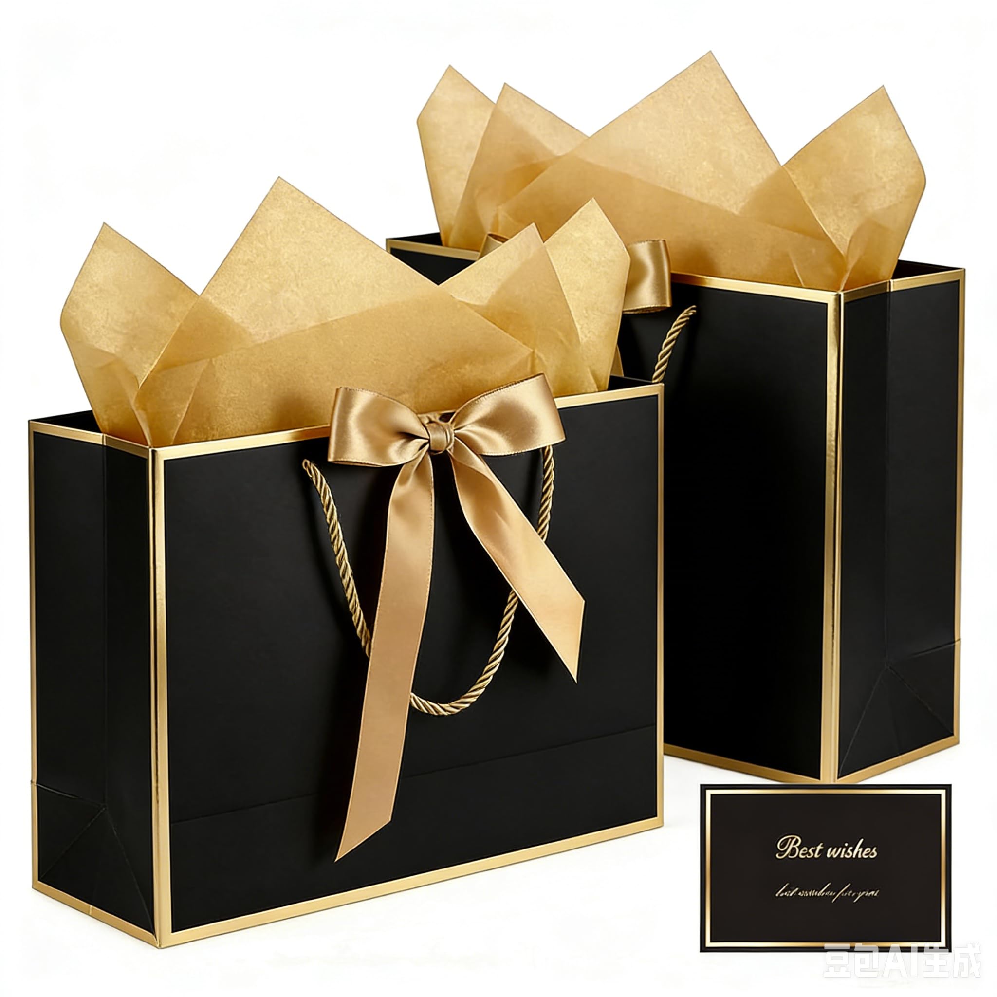 2PCS Gift Bags Set, 12.6×10×4 Inches Large Gift Wrap Bags with Handles 4 Tissue Paper 2 Ribbon 2 Greeting Cards, Cute Present Bag for Wedding Birthday Engagement Party Favor (Black and Gold)