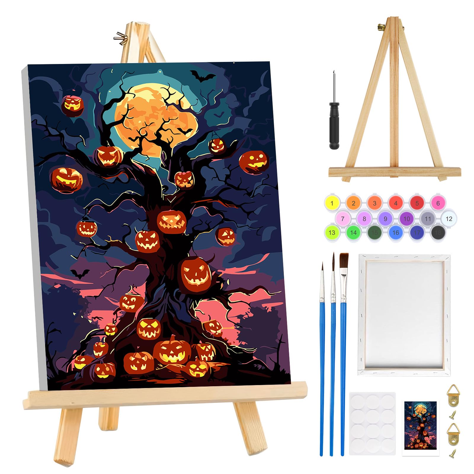 MOGTAA Halloween Paint by Numbers for Adults Beginners with Frame, Pumpkin Tree Painting by Numbers for Adults with Easel, Easy DIY Landscape Oil Painting Kits Art Crafts for Home Decor, 8x12in