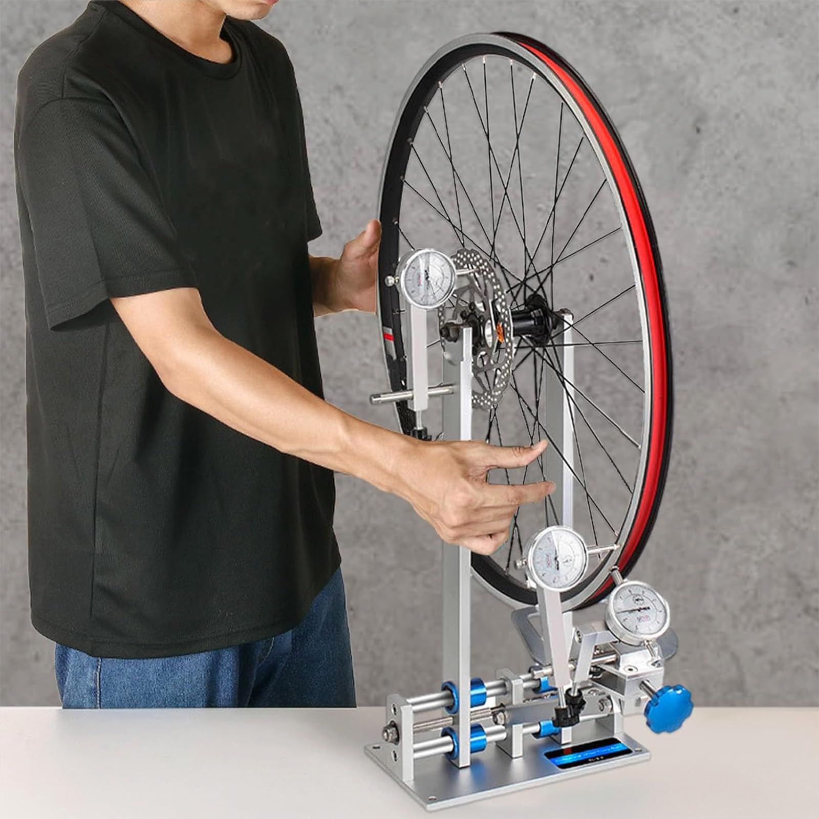 Herramienta de búsqueda de ruedas, herramienta de alineación de llantas de aleación de aluminio con 3 calibres, caídas ajustables de 55 a 200 mm, eje pasante, barra de 25 cm y llave de radios para