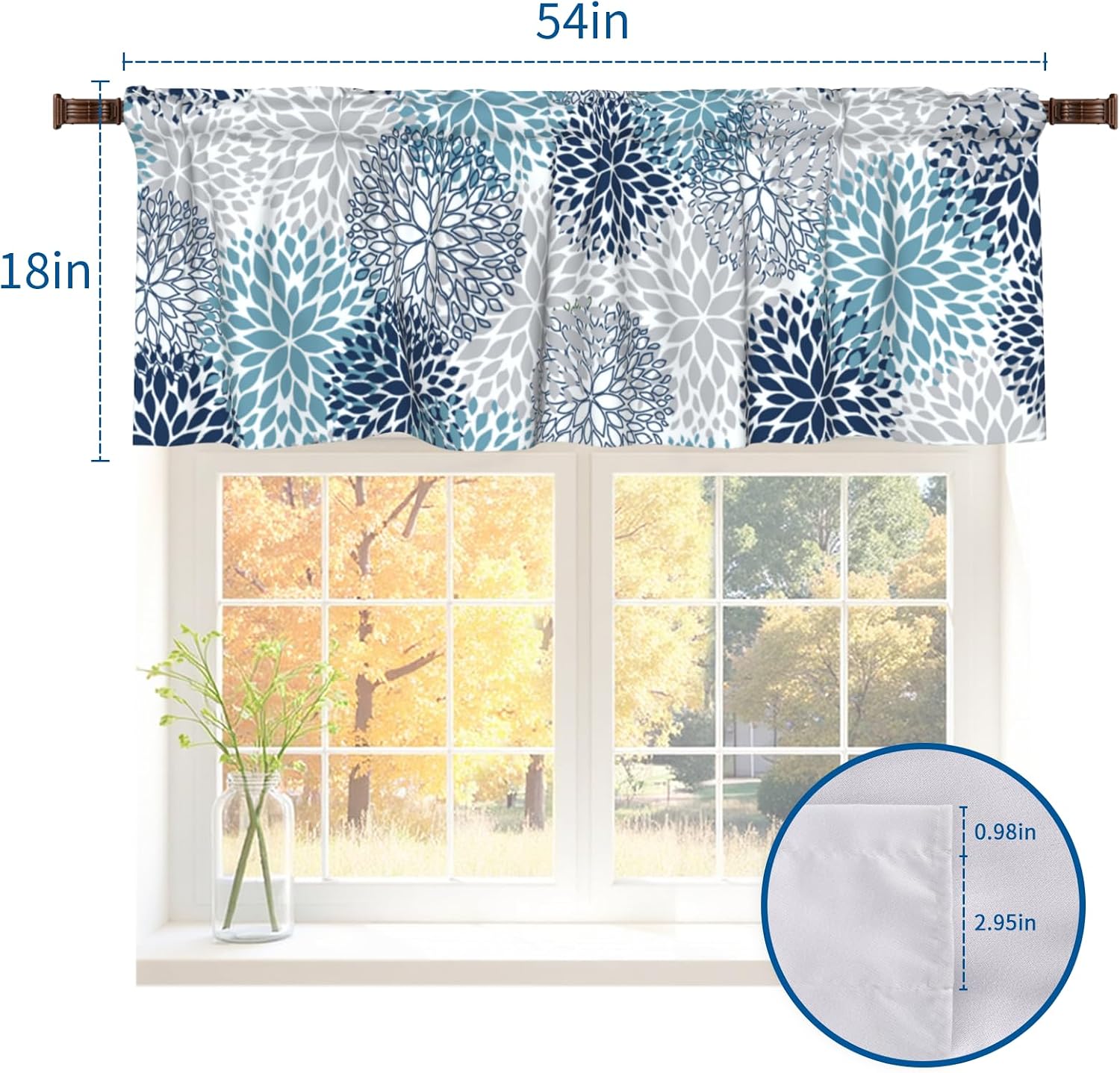 Blue Gray Dahlia Valances Curtain for Kitchen Navy Blue Flowers Short Curtains 54x18 Inch with 3 inch Rod Pocket Windows Treatment Boho Floral Home Decorations for Bathroom Living Room