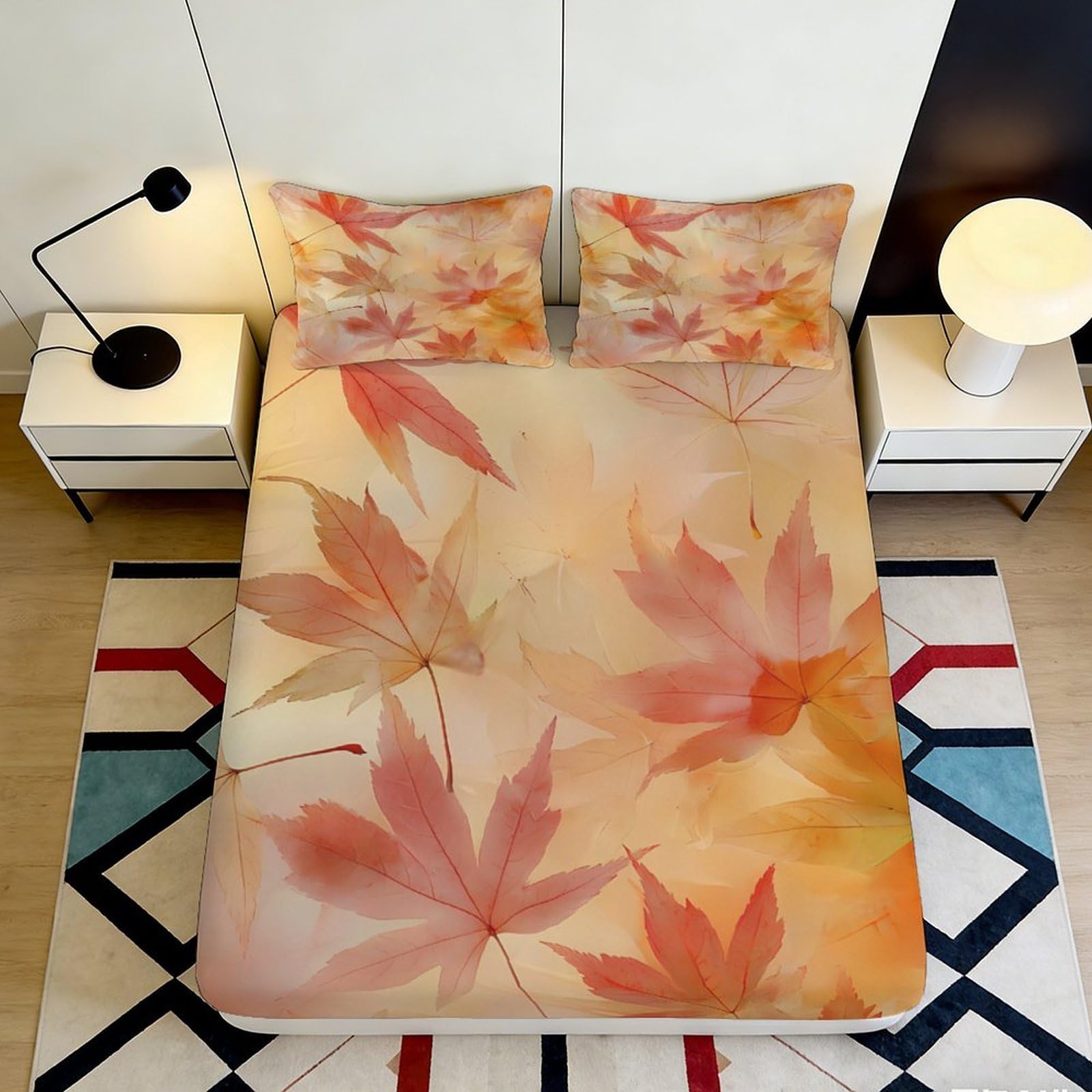 3D Printed Autumn Leaves Fitted Sheet Microfiber Soft Breathable Maple Pattern Bed Cover for Bedroom Dormitory Guest Room Mattress Protection 160x200x25cm