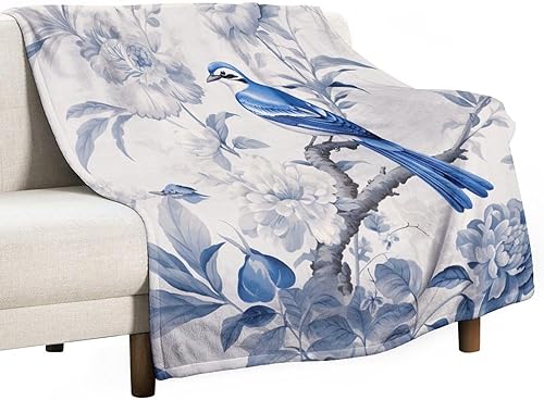 Miniatura 1 de Manta azul y blanca china vintage floral, elegante manta vintage de granja, cálida, acogedora y ligera para cama, sofá, silla, sofá, adecuada para