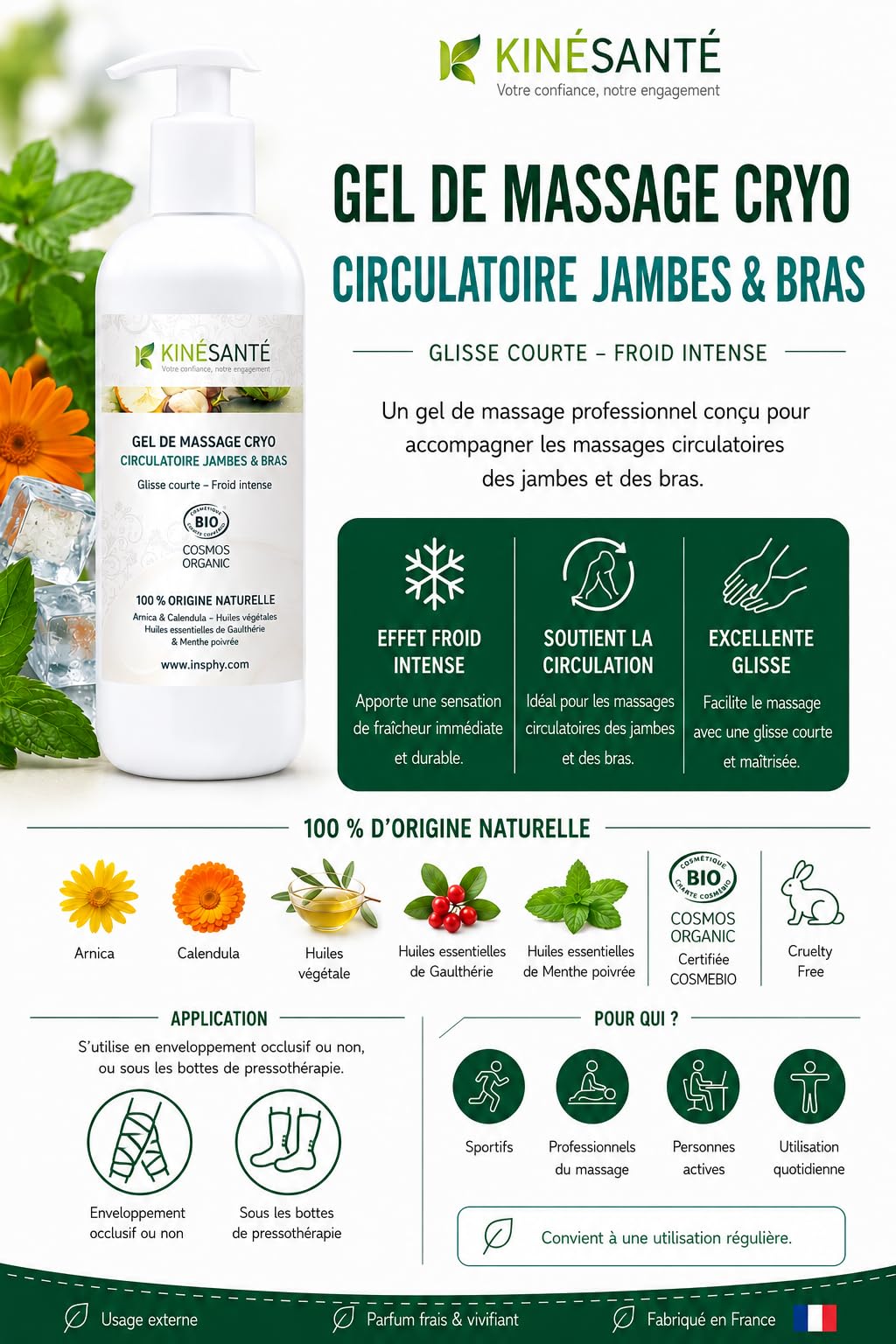 Gel Cryo Circulatoire Jambes & Bras 500 ml - Soulage les Jambes Lourdes - Froid Intense - Camphre Naturel et Menthol Bio