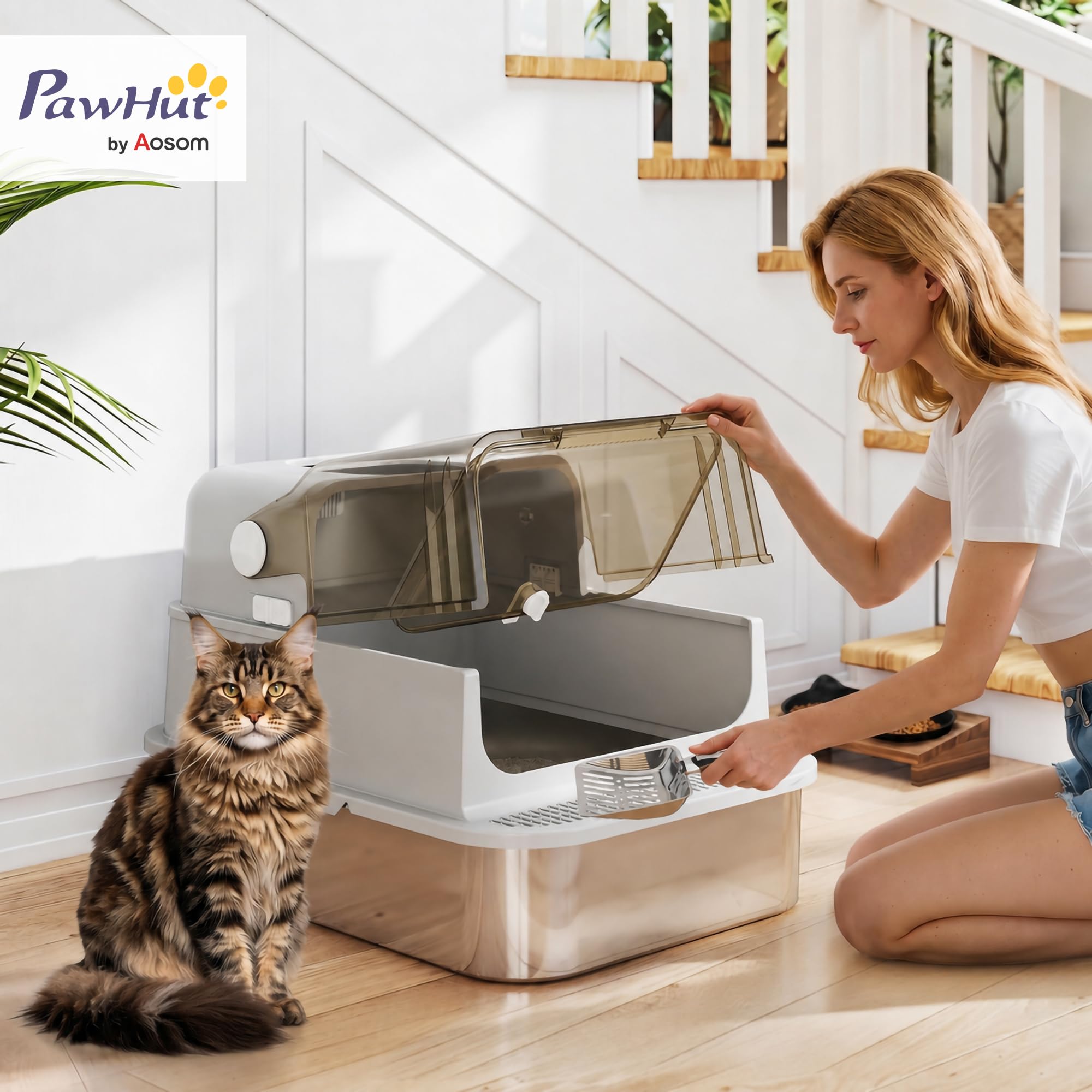 PawHut Maison de Toilette pour Chat XXL en Acier Inoxydable - Bac à Litière Fermé pour Grand Chat, Couvercle 90°, Double Porte, Filtre Frontal, Pelle - Facile à Nettoyer, 70x50x46,5cm, Gris