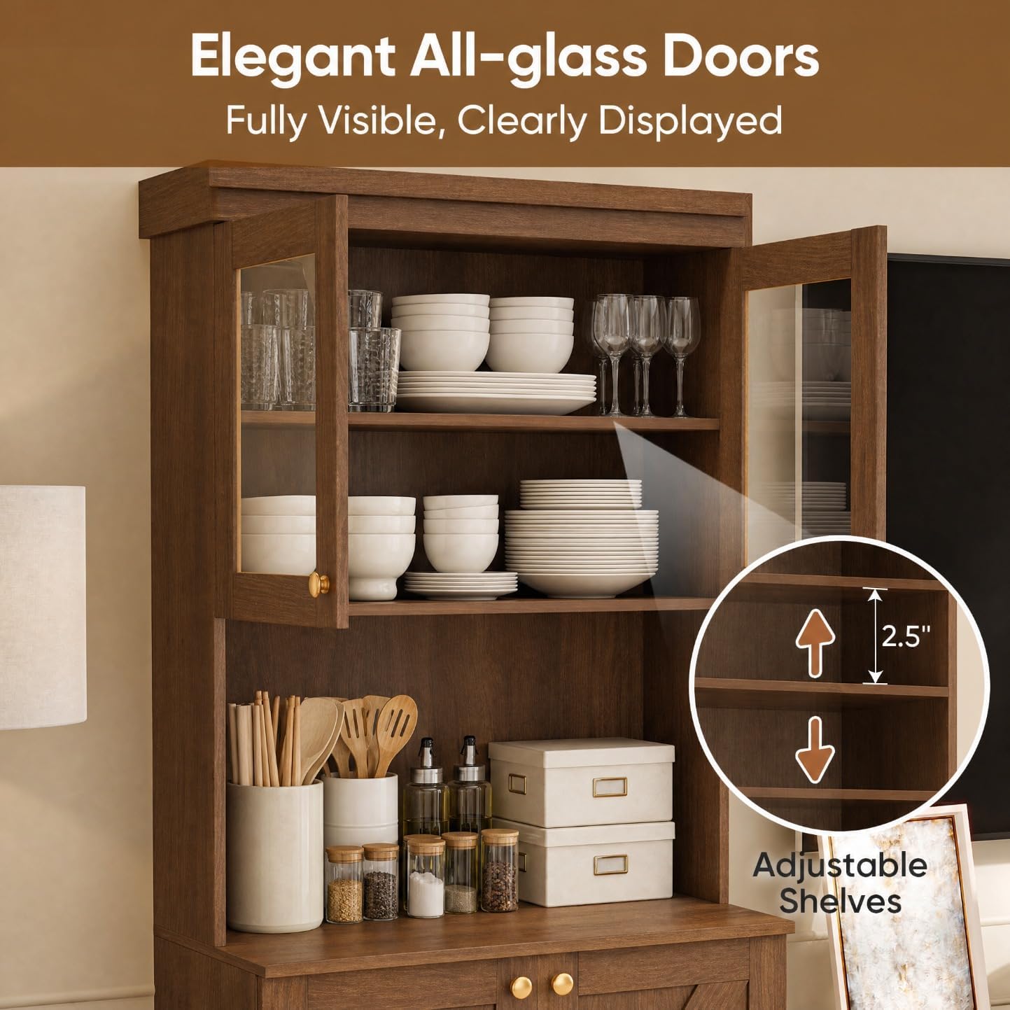 71" Farmhouse Kitchen Pantry Cabinet with Glass Doors, Set of 2 – Dark Brown Freestanding Coffee Bar Hutch with Adjustable Shelves, Large Storage Cabinet with Microwave Stand for Living Room & Kitchen thumbnail