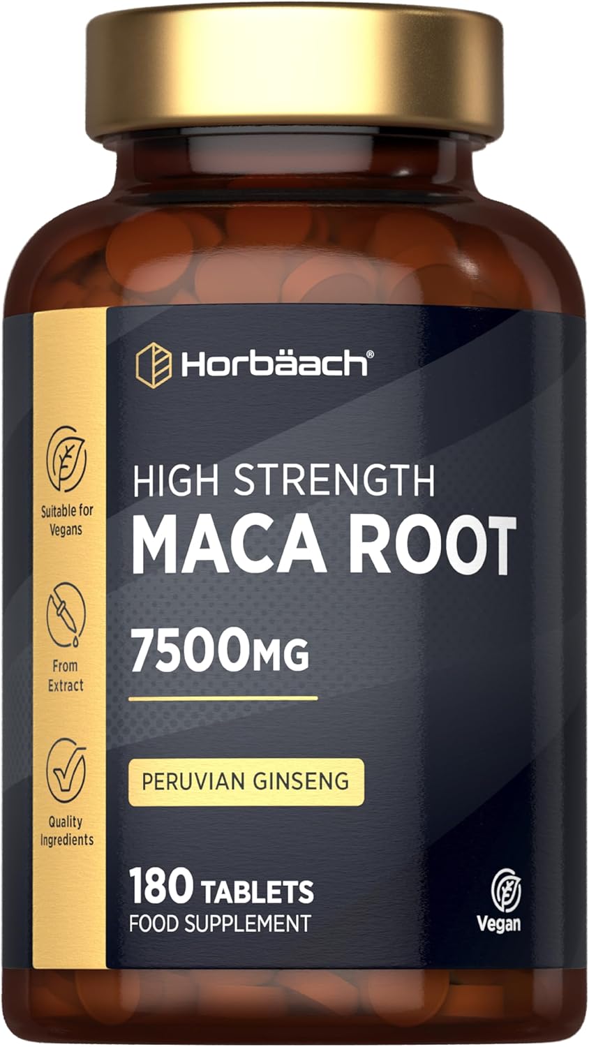 Maca Root 7500mg | High Strength Maca Supplement for Men & Women | Peruvian Ginseng Extract | 180 Vegan Tablets | by Horbaach