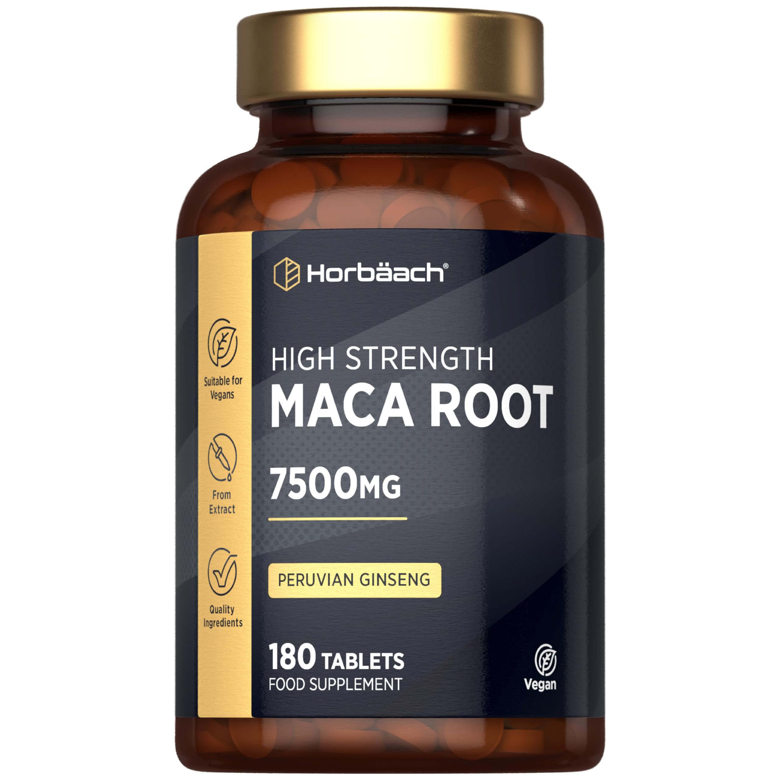 Maca Root 7500mg | High Strength Maca Supplement for Men & Women | Peruvian Ginseng Extract | 180 Vegan Tablets | by Horbaach