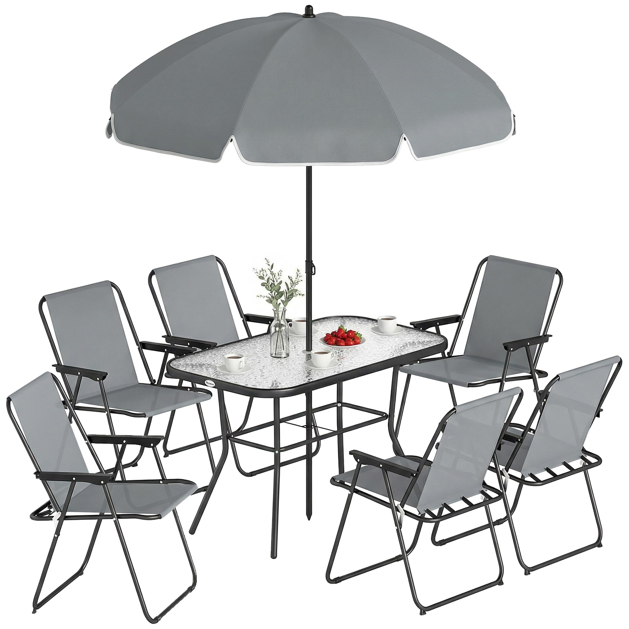 Outsunny Salon de jardin extérieur 8 pièces, table de jardin extérieure avec 6 chaises Pliantes et parasol, plateau en Verre Trempé, structure en acier anti-rouille, mobilier de jardin, terrasse, Gris