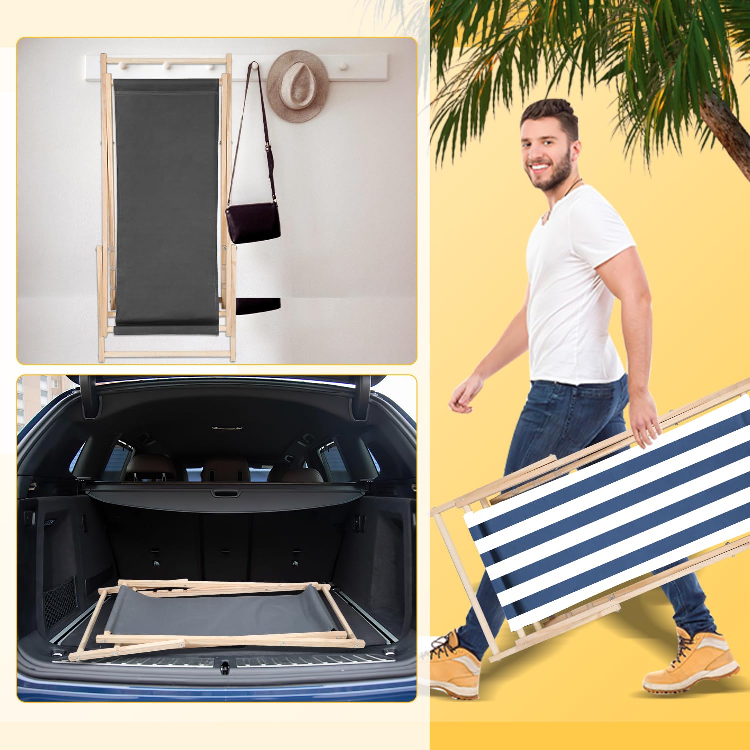 Gartenliege Wetterfest Ollewiellan 2er Set Klapp-Liegestuhl Aus Holz – Blaue & Weiße Strandliege, Bis 120 Kg Strandstuhl Klappbar