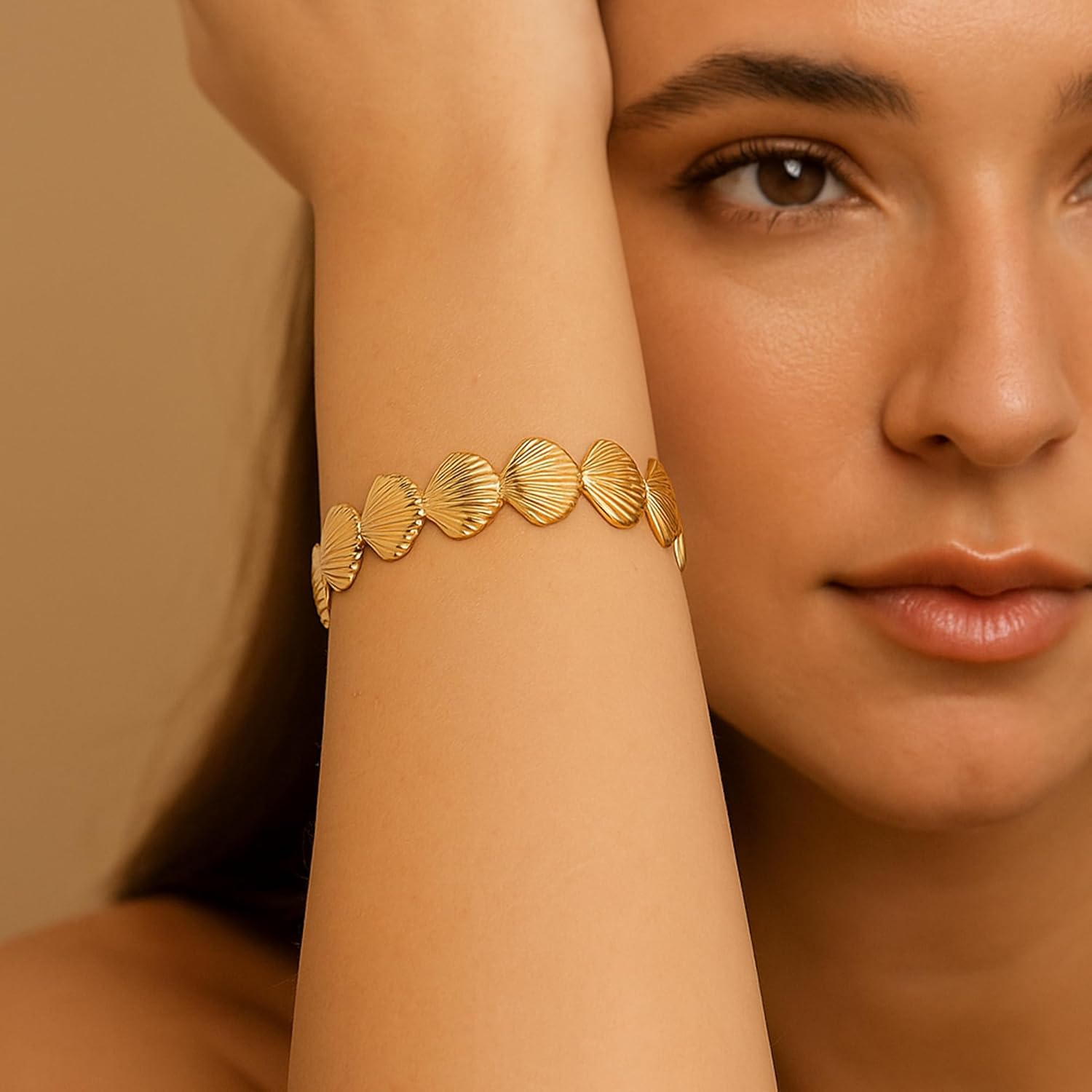 Trendy Gold Plated Shell Cuff Bangle Bracelet for Women, Handmade Statement Seashell Stackable Open Bracelets Summer Beach Fashion Jewelry Gift - Image 2
