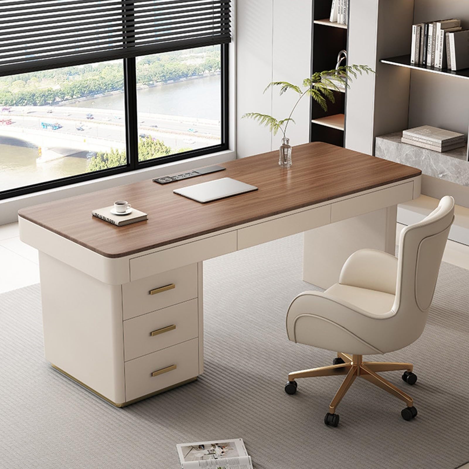 Escritorio Ejecutivo Moderno y Lujoso de Madera Maciza Estilo Crema