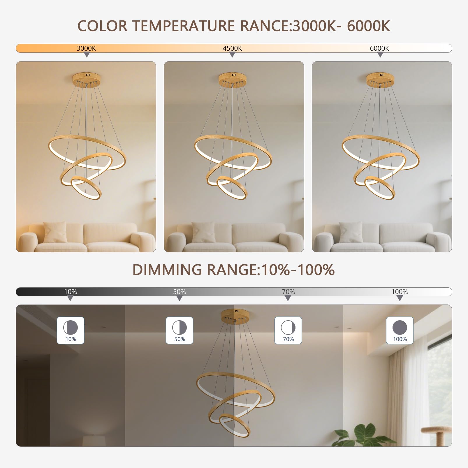 YOODI Lampadario a Sospensione Dimmerabile con Telecomando APP 50+35+20cm 3 Anelli 45W 3000K-6000K LED Lampada a Sospensione Altezza Massima 150cm per Soggiorno, Camera da Letto, Hotel