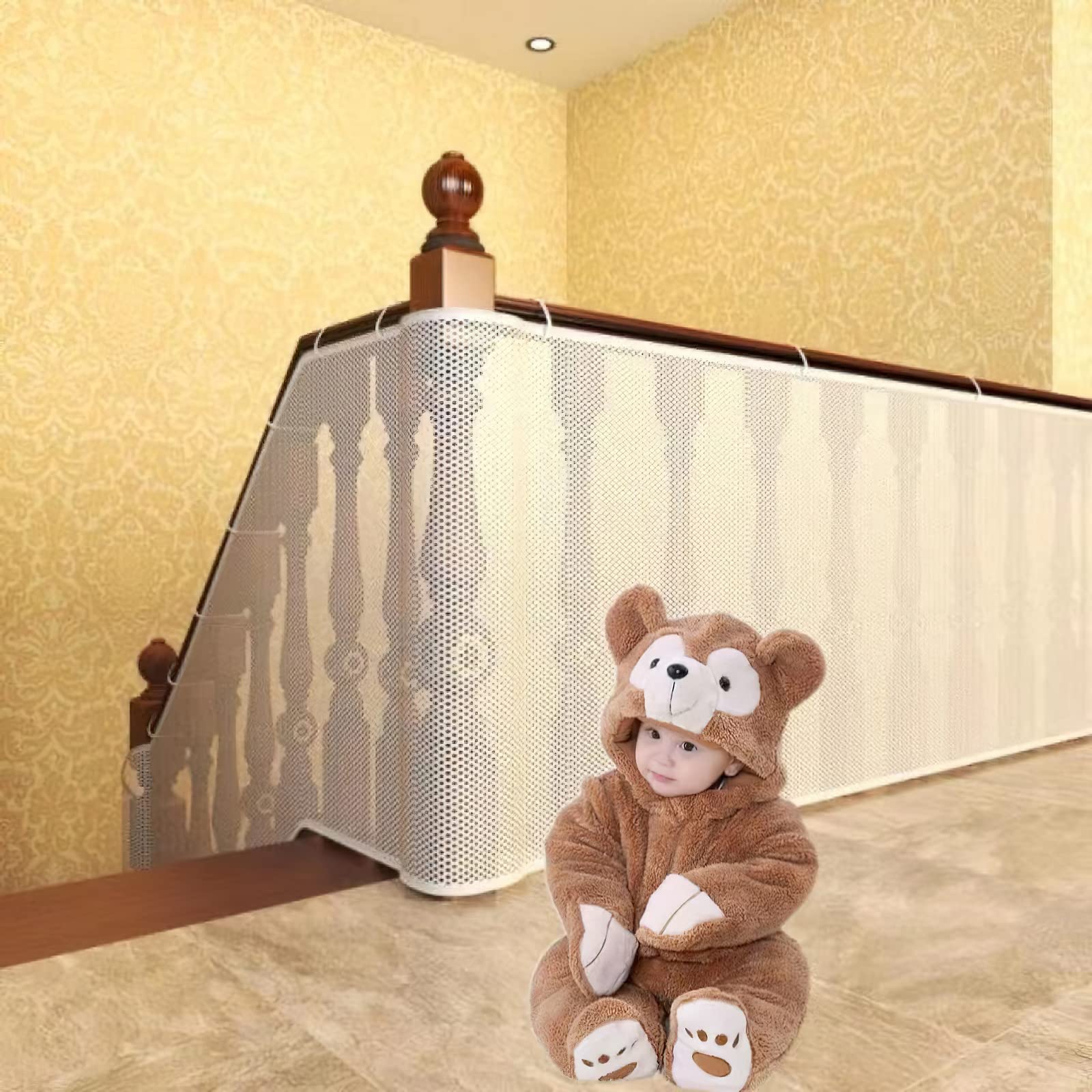 Knchy 9.8x2.56ft Safety Stairway Net with 15 Cable Zip Ties, 25 Tie Rope, Robust Durable Tear and Tensile Resistance Child Stair Balcony Railing Net, Thick Fall Arrest Staircase Net for Kids Pets Toys