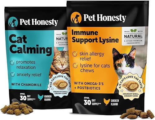 PetHonesty - Suplemento masticable calmante para gatos + apoyo inmunológico de lisina de doble textura, ayuda a reducir el estrés y aliviar la