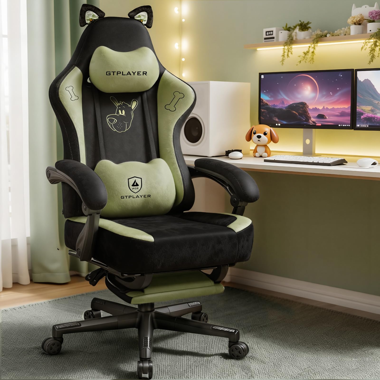 GTRACING Gaming Chair Cute with Cat Ears Ergonomic Computer Chair with Dog Embroidery Adjustable Memory Foam Lumbar Support and Headrest Comfortable Reclining Office Chair for Girls, Teens, Women