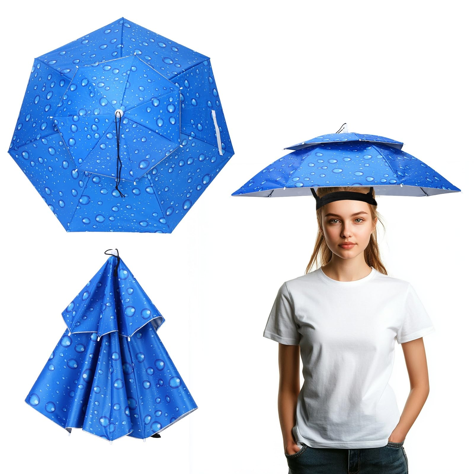 YELARXI Umbrella Hat, Fishing Hat Waterproof Adjustable Double-Layer Sun Rain Cap with Drawstring, 31" & Blue Drop - Fitting For(Women/Men Fishing/Camping/Gardening/Beach/Sunshade)