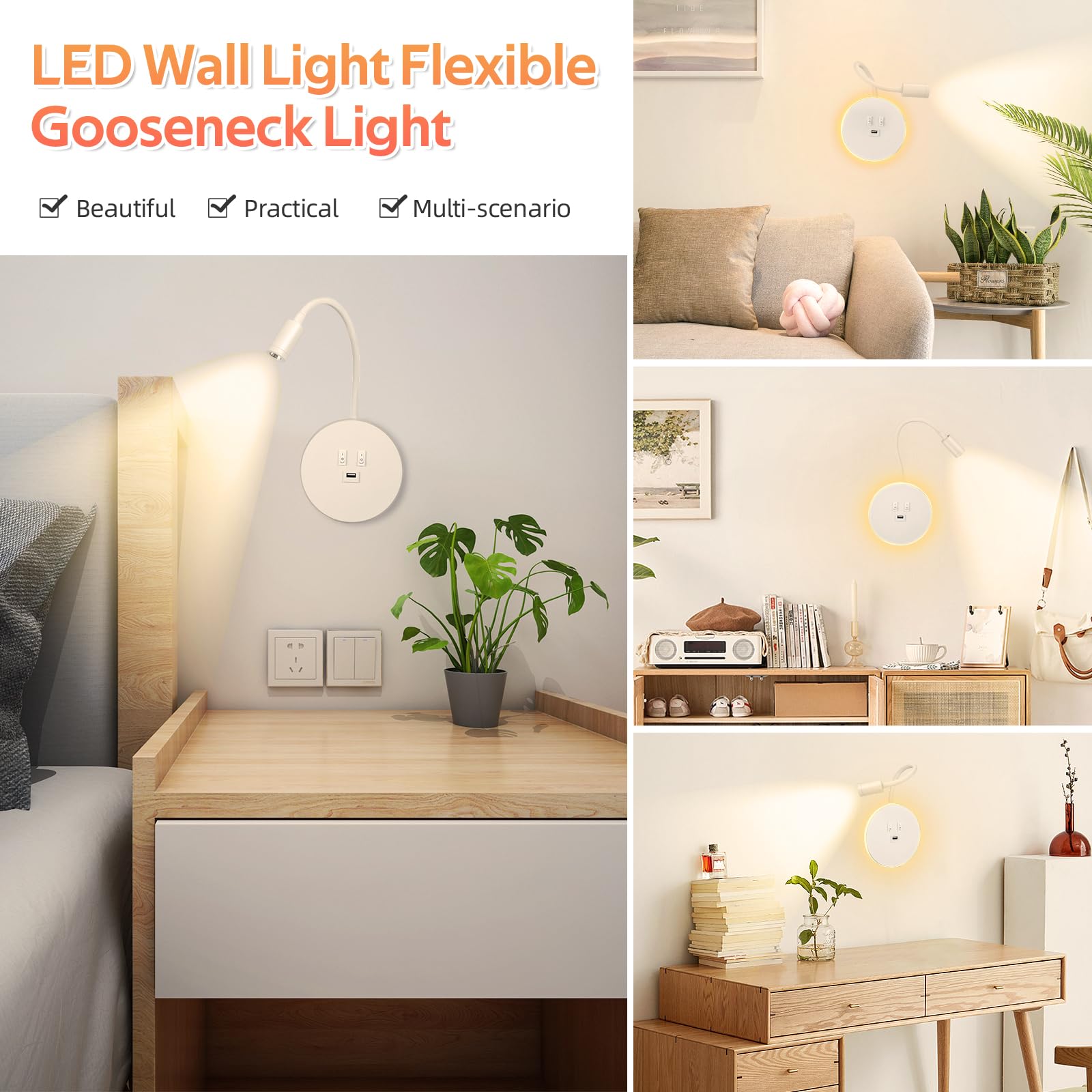 Weigudoc Lámpara de Lectura LED Aplique de cuello de cisne flexible, 3W+9W Aplique de pared con puerto de carga USB y interruptor, Lámpara de cama montada en pared para Dormitorio Hotel (2 Blanco)