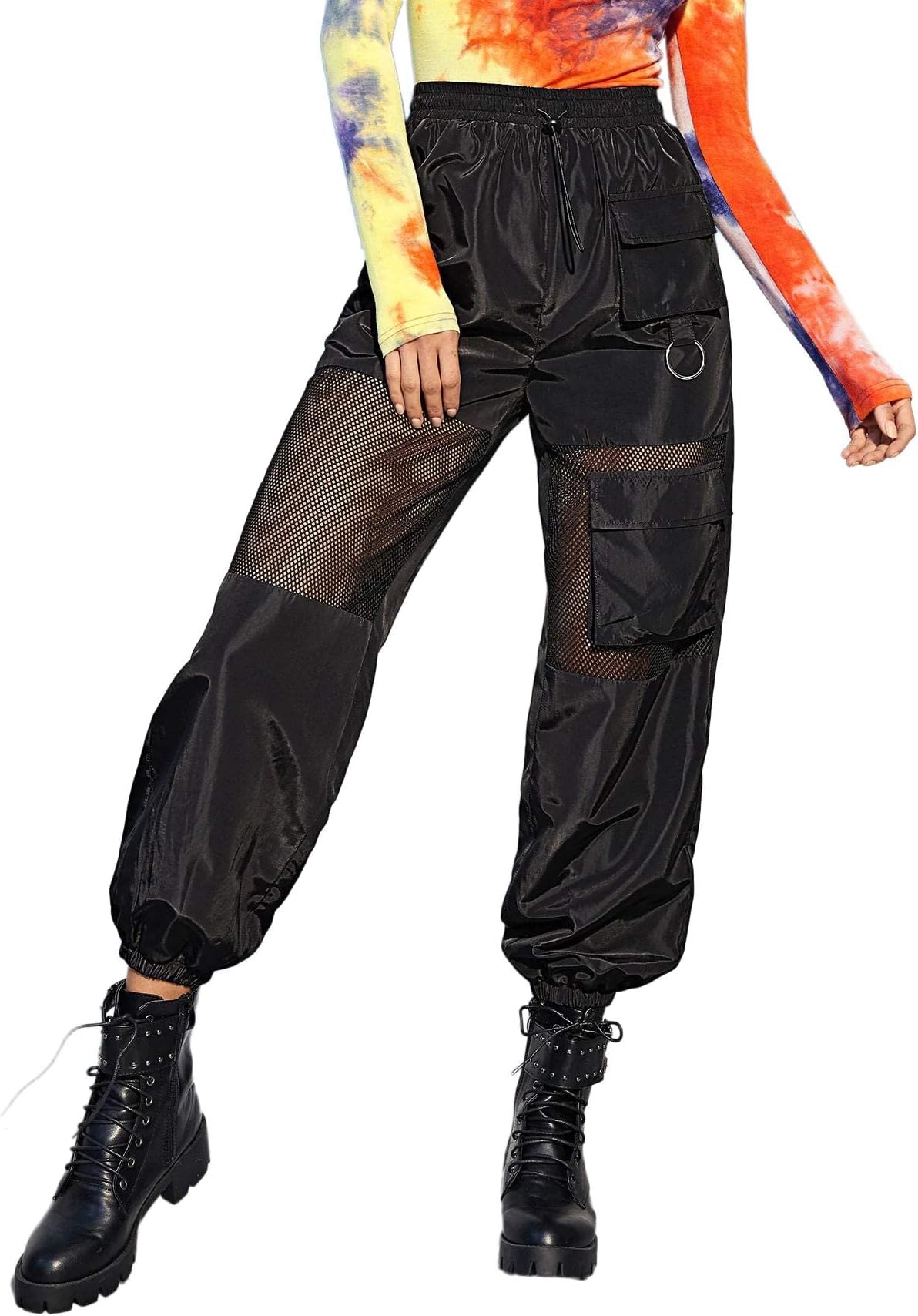 Women's High Waisted Sporty Drawstring Contrast Mesh Cargo Pants