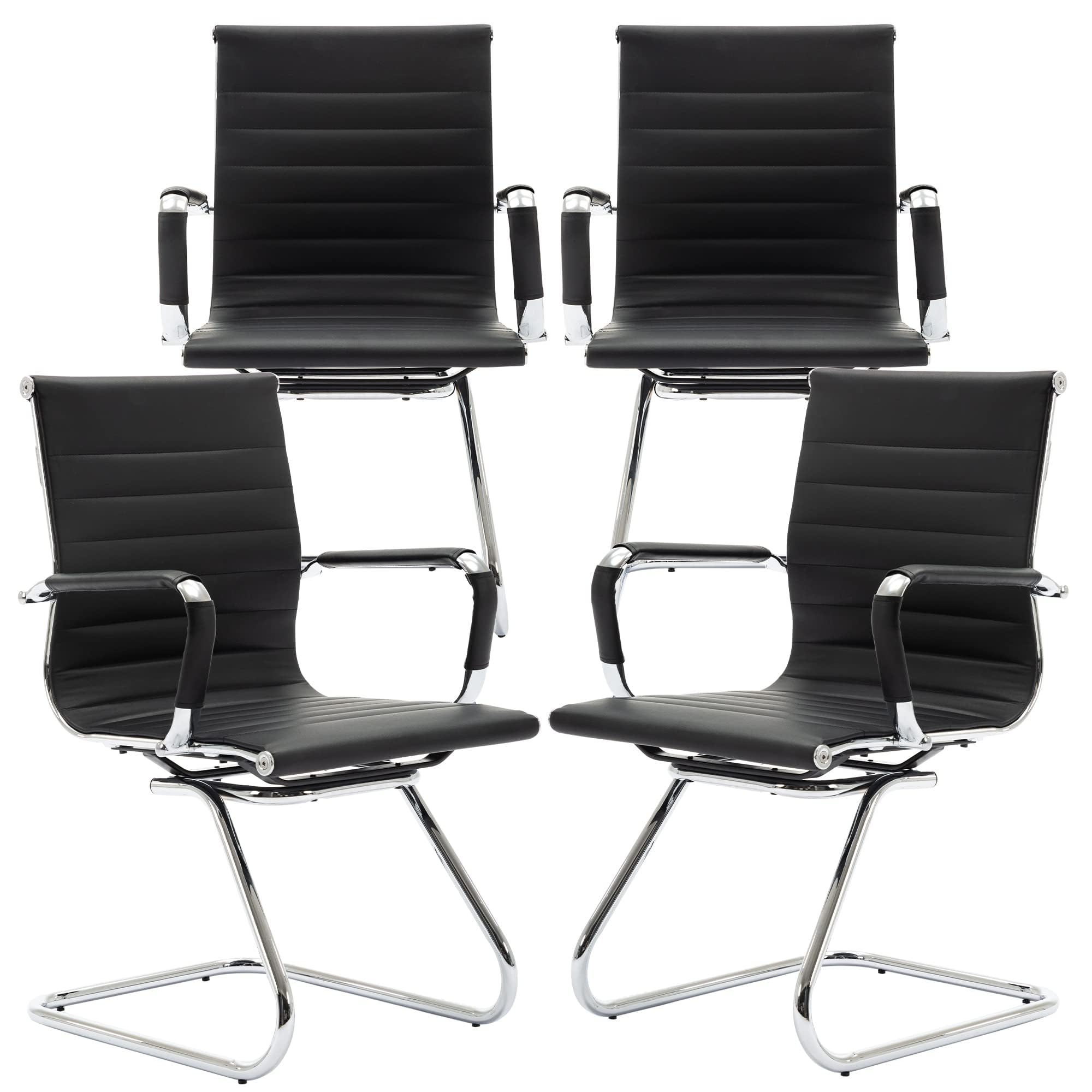 Conference Room Chairs Set of 4, Waiting Room Chairs with Arms, Faux Leather Reception Chairs No Wheels, Office Guest Chairs with Mid Back Support and Chrome Sled Base, Black