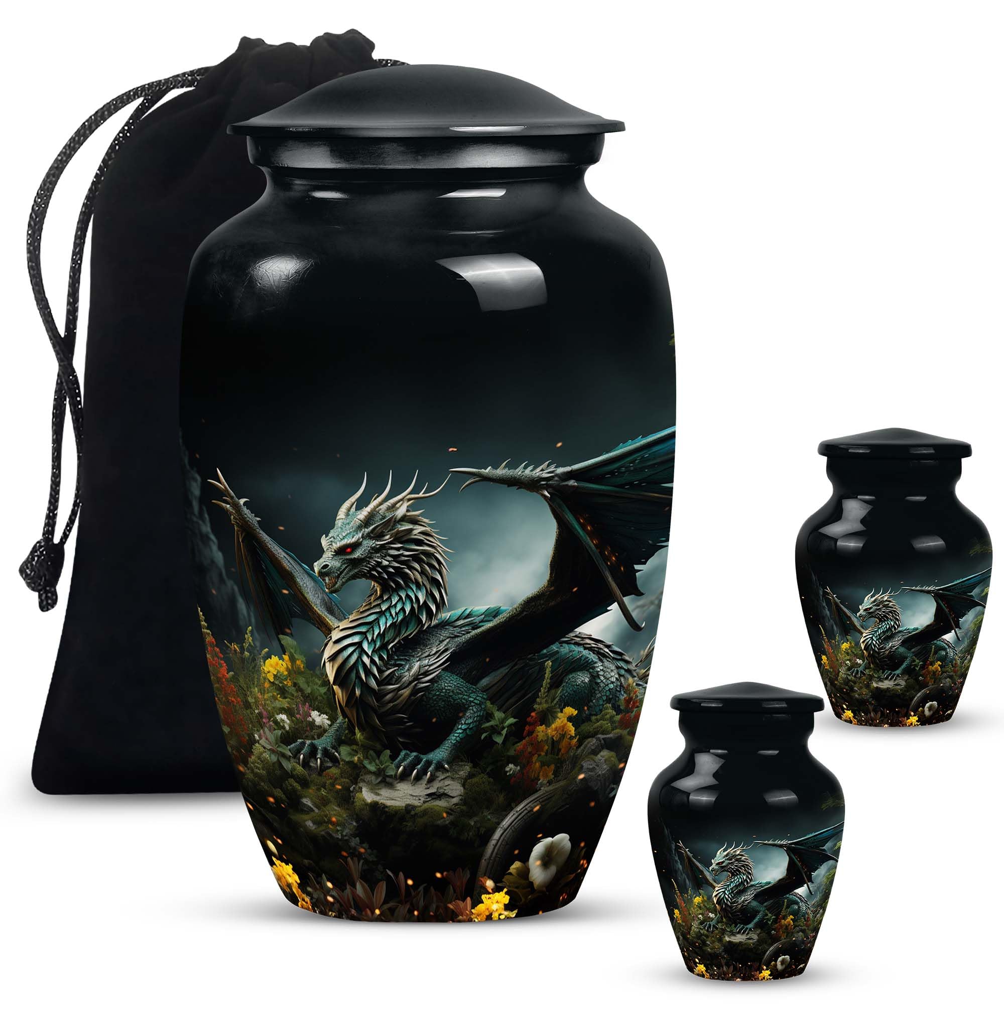 SUBSH Dragon of Enchanted Woods - Combo of 1 Large Urn with Velvet Bag and 2 Small - Keepsake Cremation Urns for Human Ashes Adult Set of Large & Small Keepsake for Male & Female - Unique Urns, Black