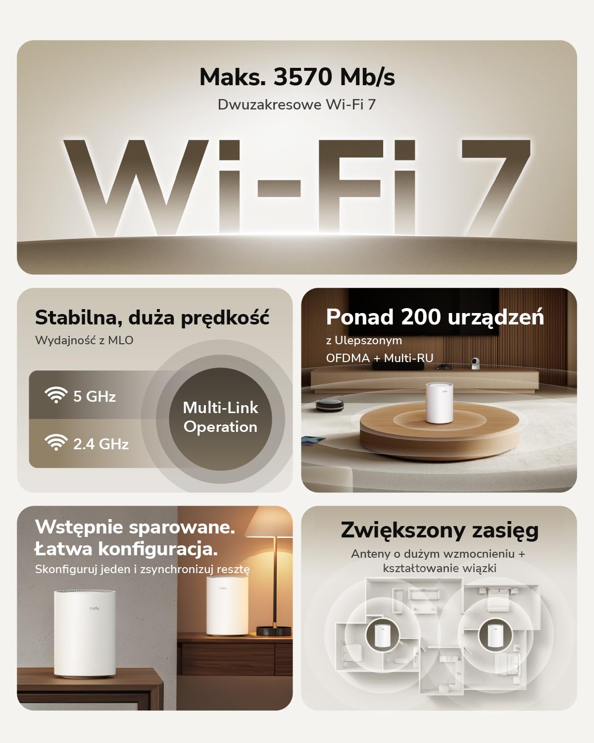 Cudy Dwuzakresowy system BE3600 WiFi 7 Wi-Fi, 3,6 Gb/s 160 MHz, zasięg do 100 m², 3 porty gigabitowe, kompatybilny z wieloma VPN, sterowanie aplikacją Cudy (M3600 1 opakowanie)