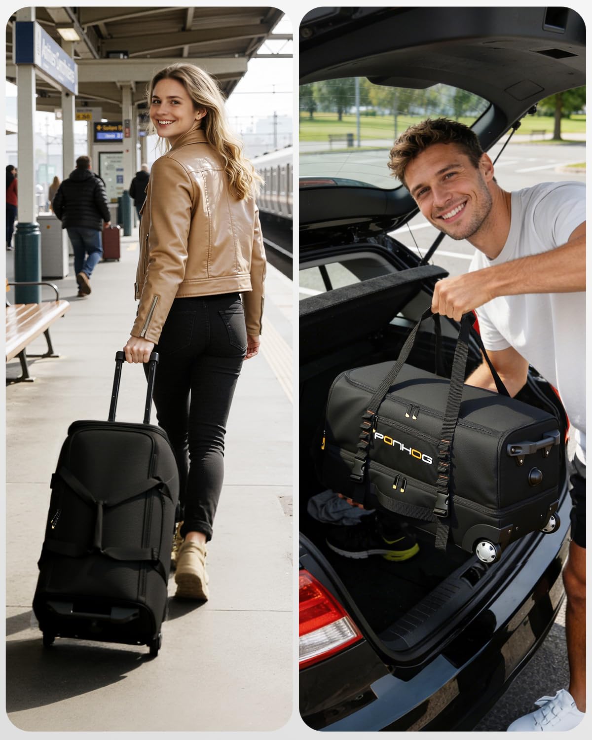 Ponhog Borsone da Viaggio con Ruote - Borsone Trolley con Ruote Impermeabile per Vacanze, 55cm/56cm/65cm