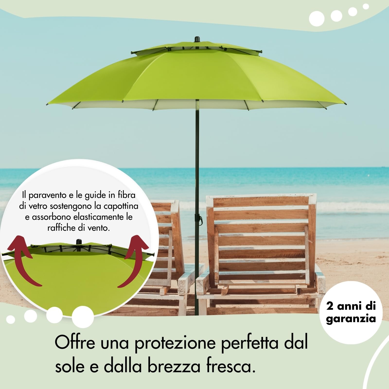 Doppler - Ombrellone, 200 cm, ombrellone stabile da spiaggia, a prova di vento, ombrellone da spiaggia, pieghevole, impermeabile