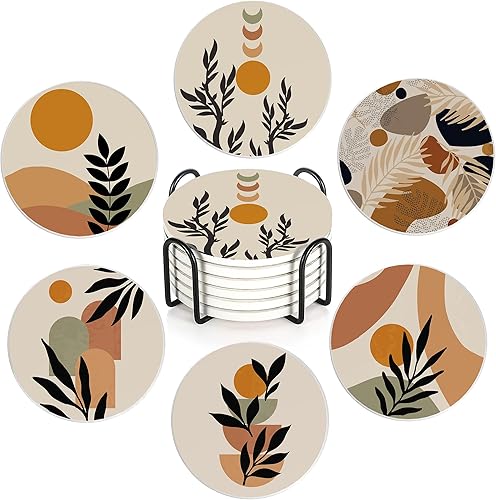 Miniatura 1 de Juego de 6 posavasos con soporte, posavasos abstractos de cerámica absorbentes de hojas de sol bohemios con base de corcho, se adaptan a todas las
