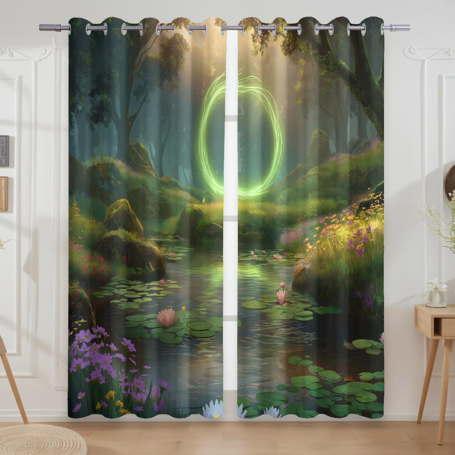 Fantasy Magic Portal Zasłony do kina domowego - można prać w pralce, zasłony z oczkami z nadrukiem cyfrowym, ciemnozielone, szer. 66 x dł. 72 (2 panele) 167 x 182 cm